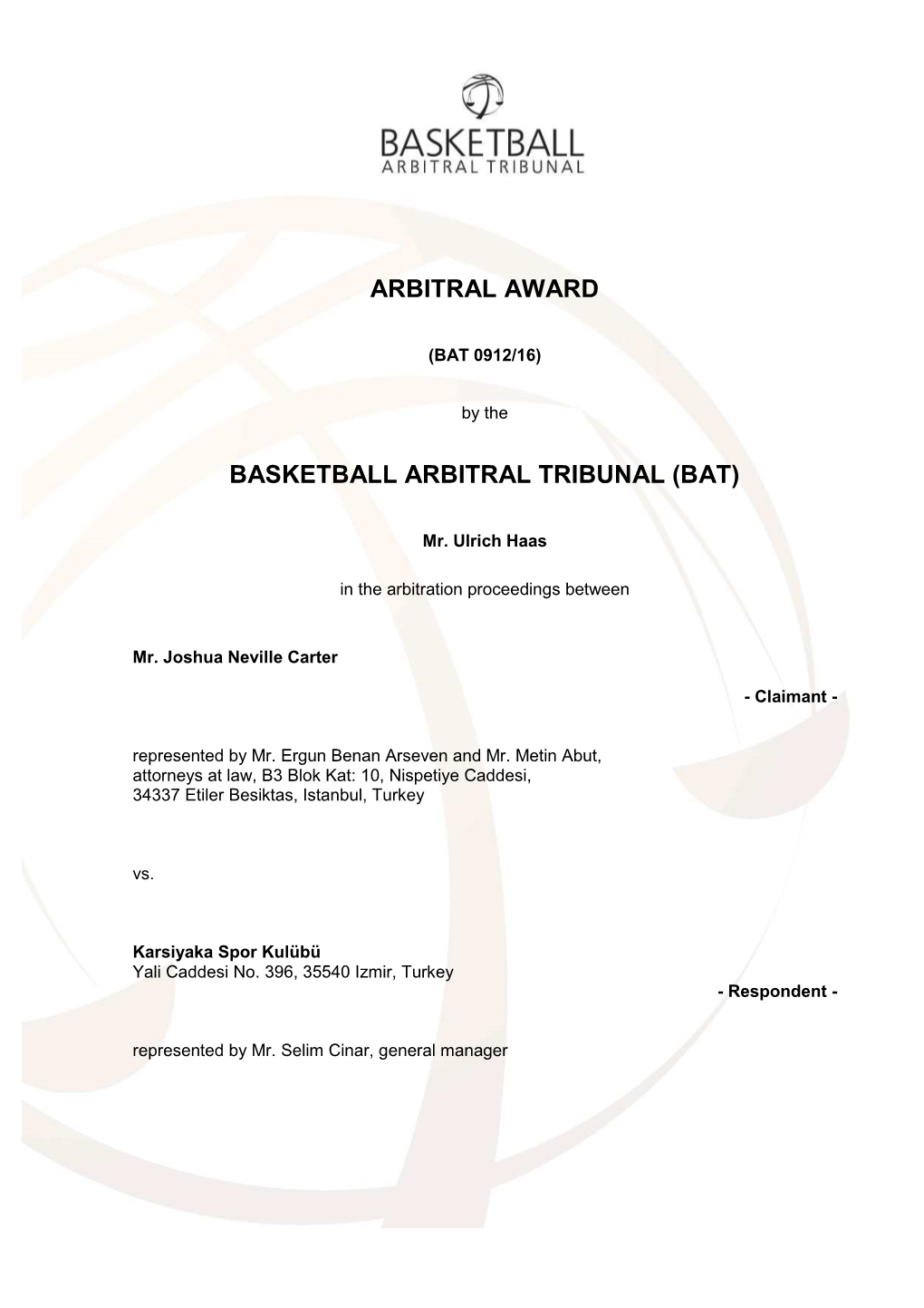 Arbitral Award Basketball Arbitral Tribunal (Bat)