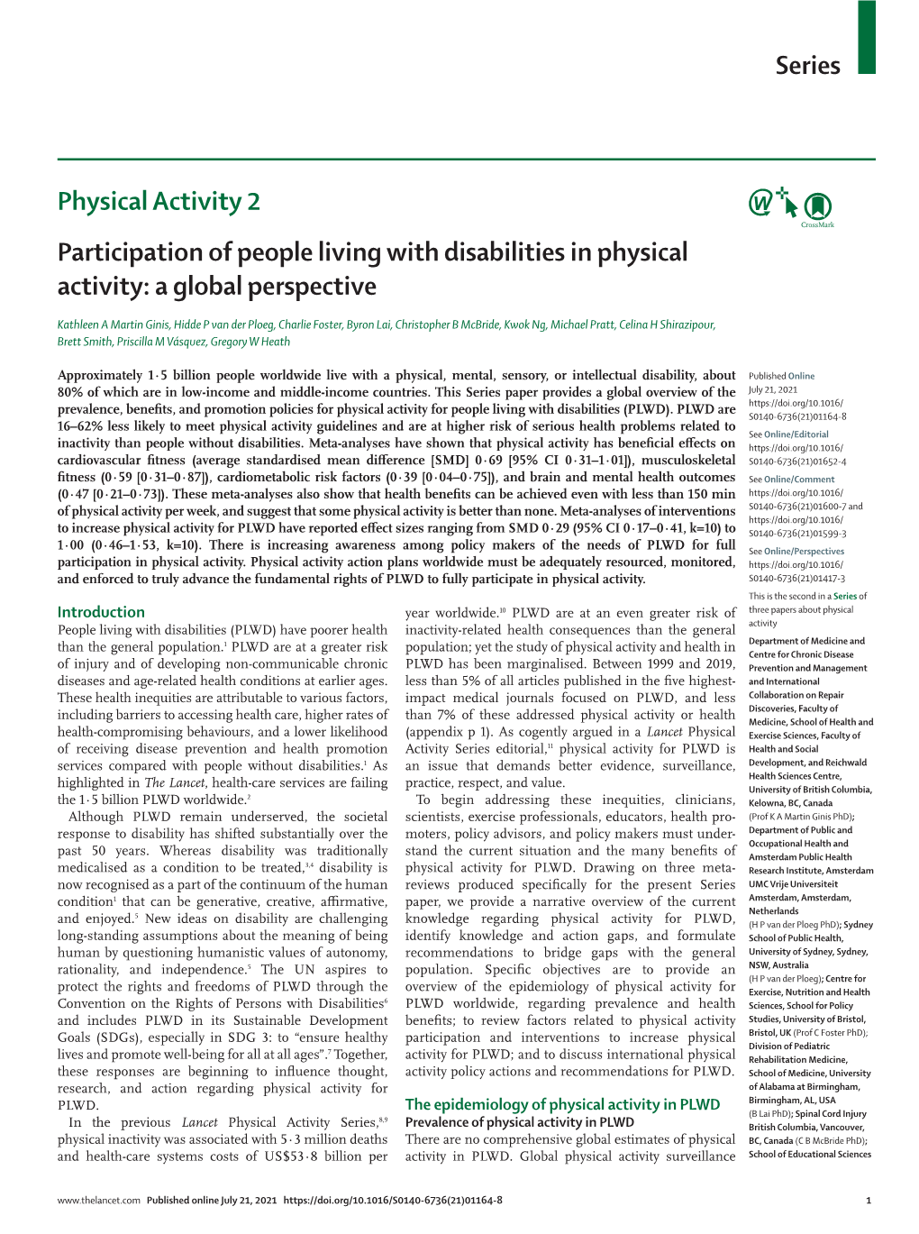 Participation of People Living with Disabilities in Physical Activity: a Global Perspective