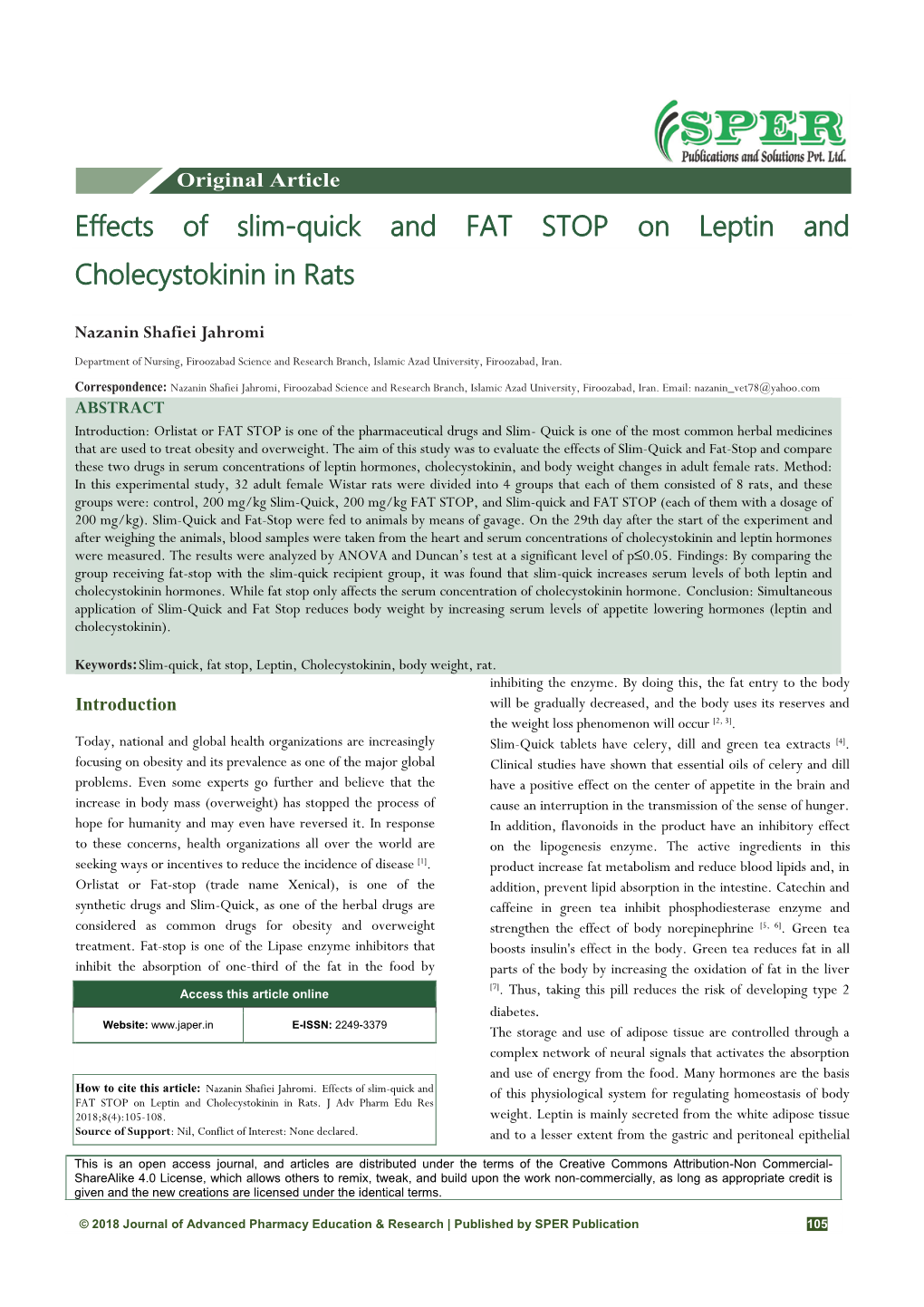 Effects of Slim-Quick and FAT STOP on Leptin and Cholecystokinin in Rats