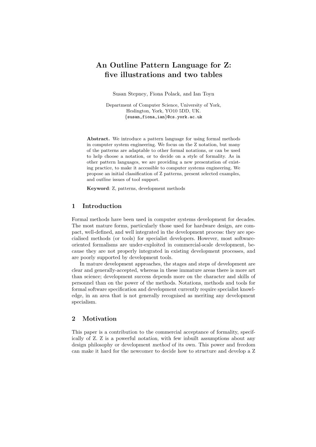 An Outline Pattern Language for Z: Five Illustrations and Two Tables