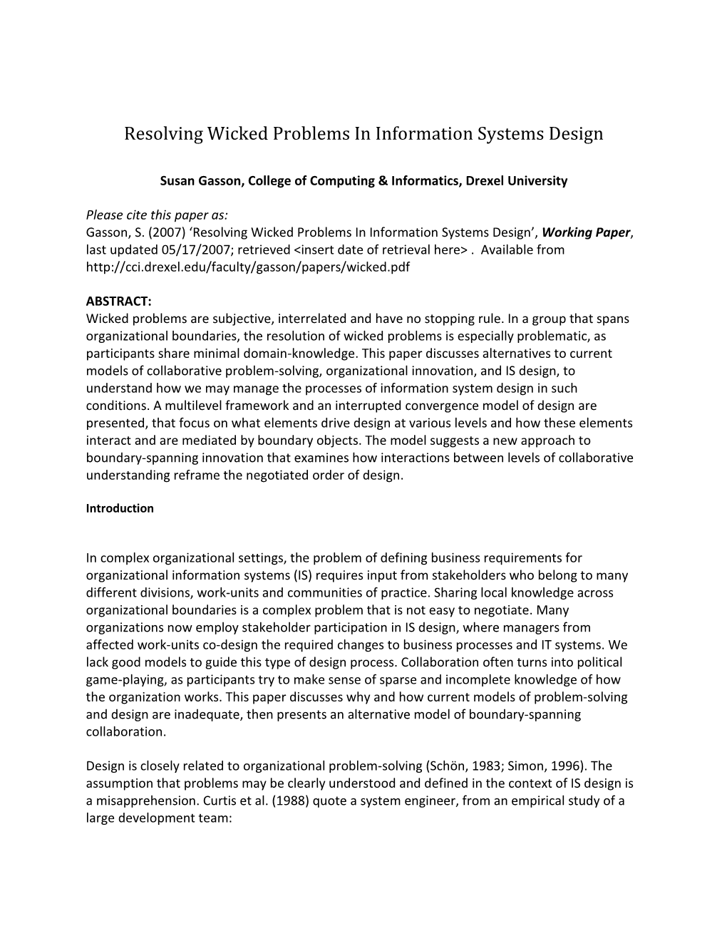 Resolving Wicked Problems in Information Systems Design