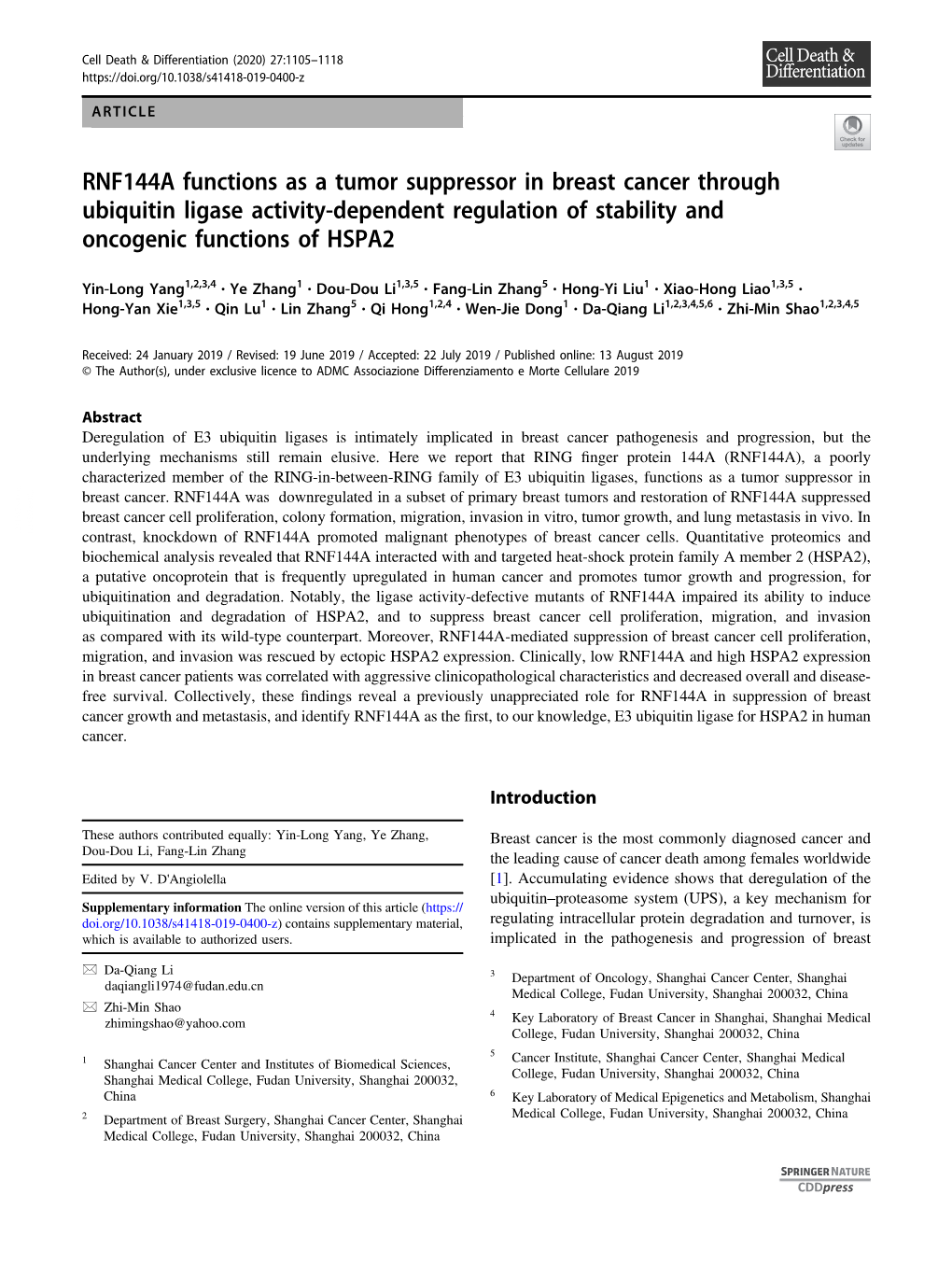 RNF144A Functions As a Tumor Suppressor in Breast Cancer Through Ubiquitin Ligase Activity-Dependent Regulation of Stability and Oncogenic Functions of HSPA2