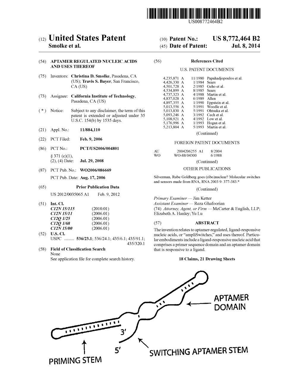 5' SWITCHINGAPTAMERSTEM PRIMING STEM US 8,772.464 B2 Page 2