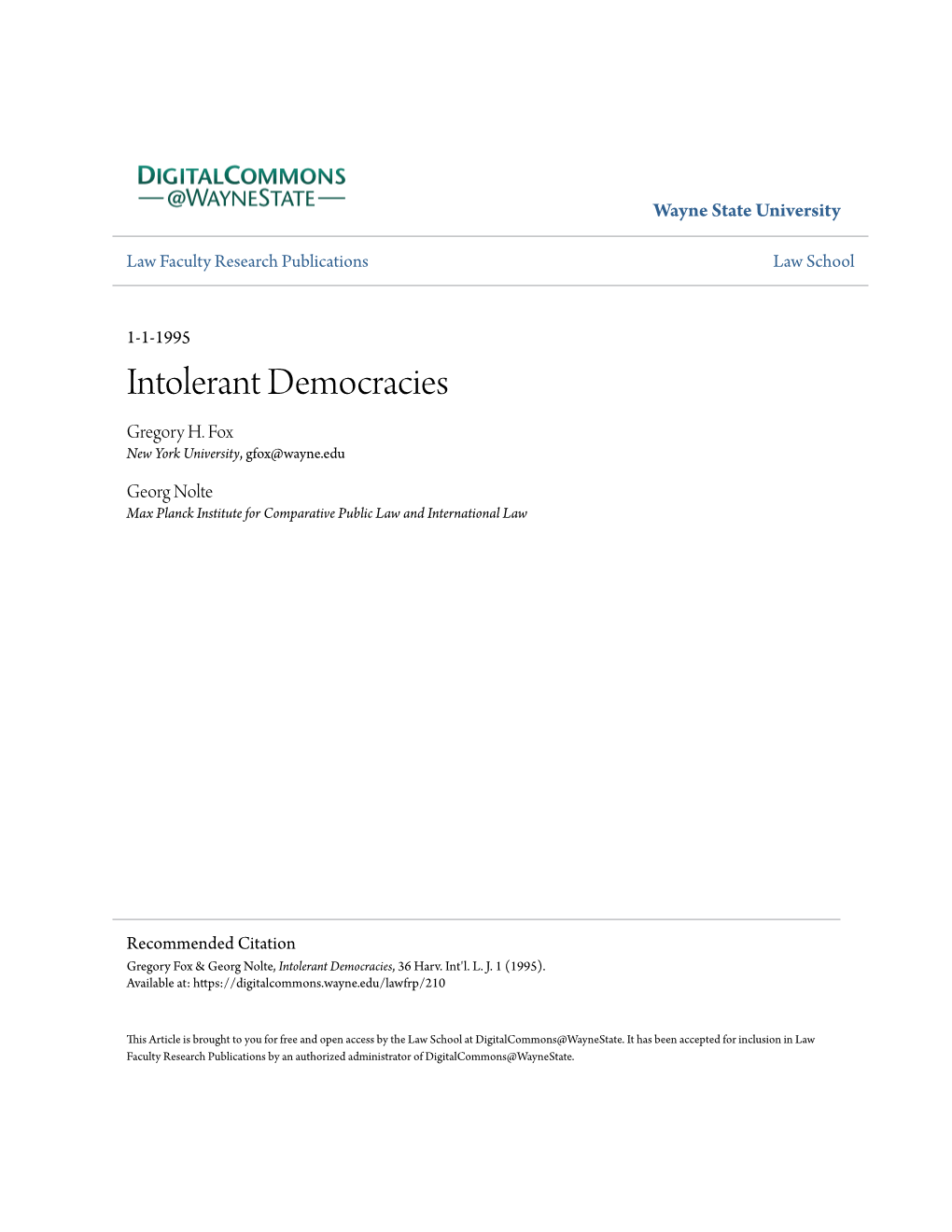 Intolerant Democracies Gregory H