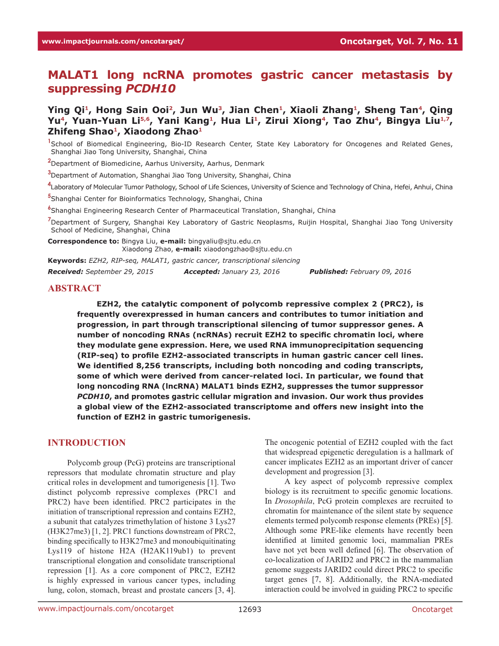 MALAT1 Long Ncrna Promotes Gastric Cancer Metastasis by Suppressing PCDH10