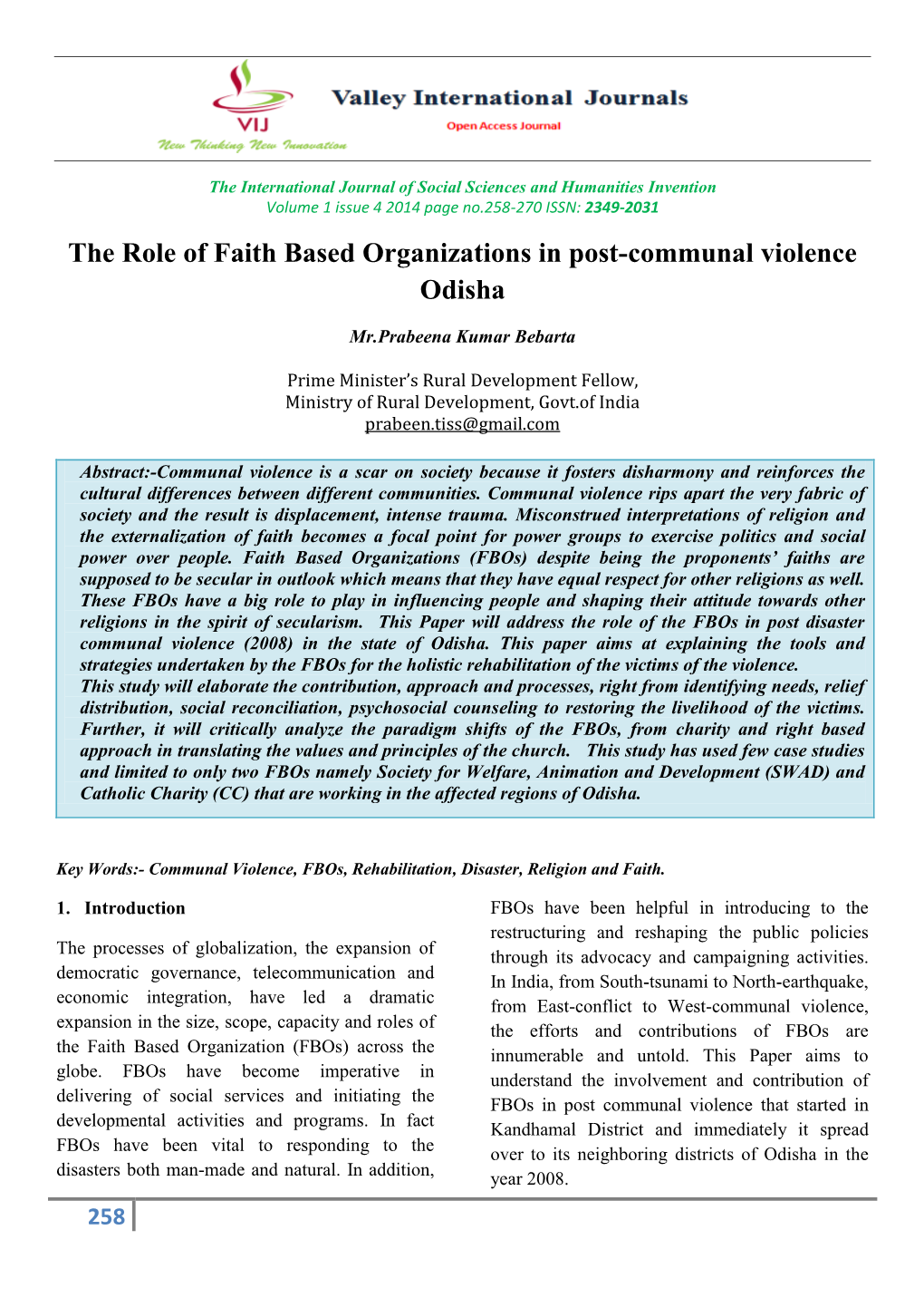 The Role of Faith Based Organizations in Post-Communal Violence Odisha