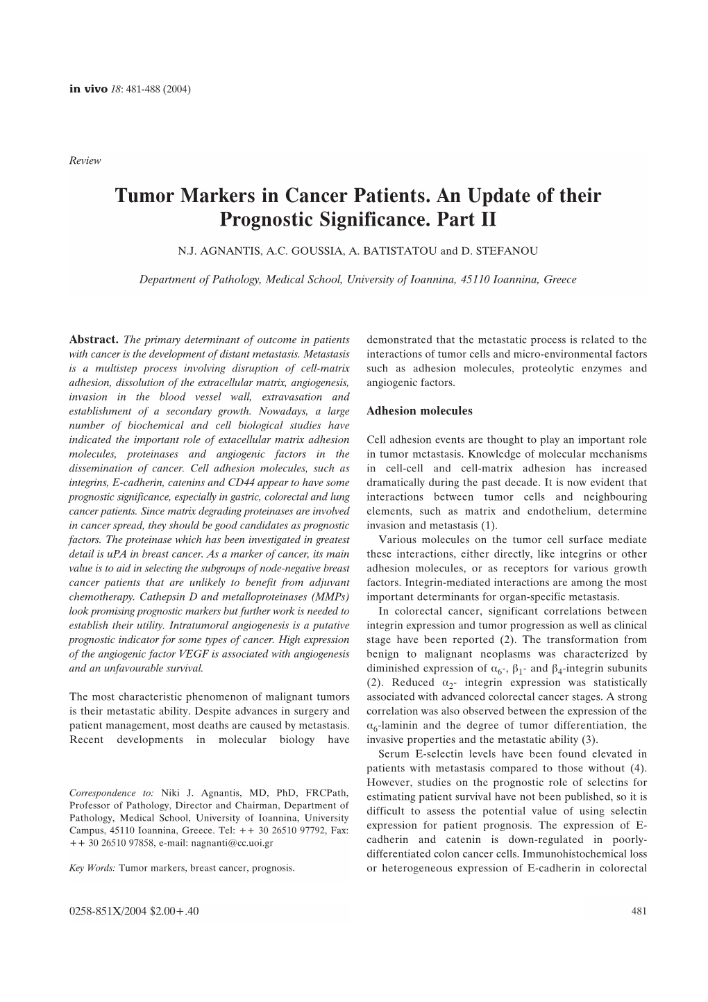 Tumor Markers in Cancer Patients. an Update of Their Prognostic Significance. Part II