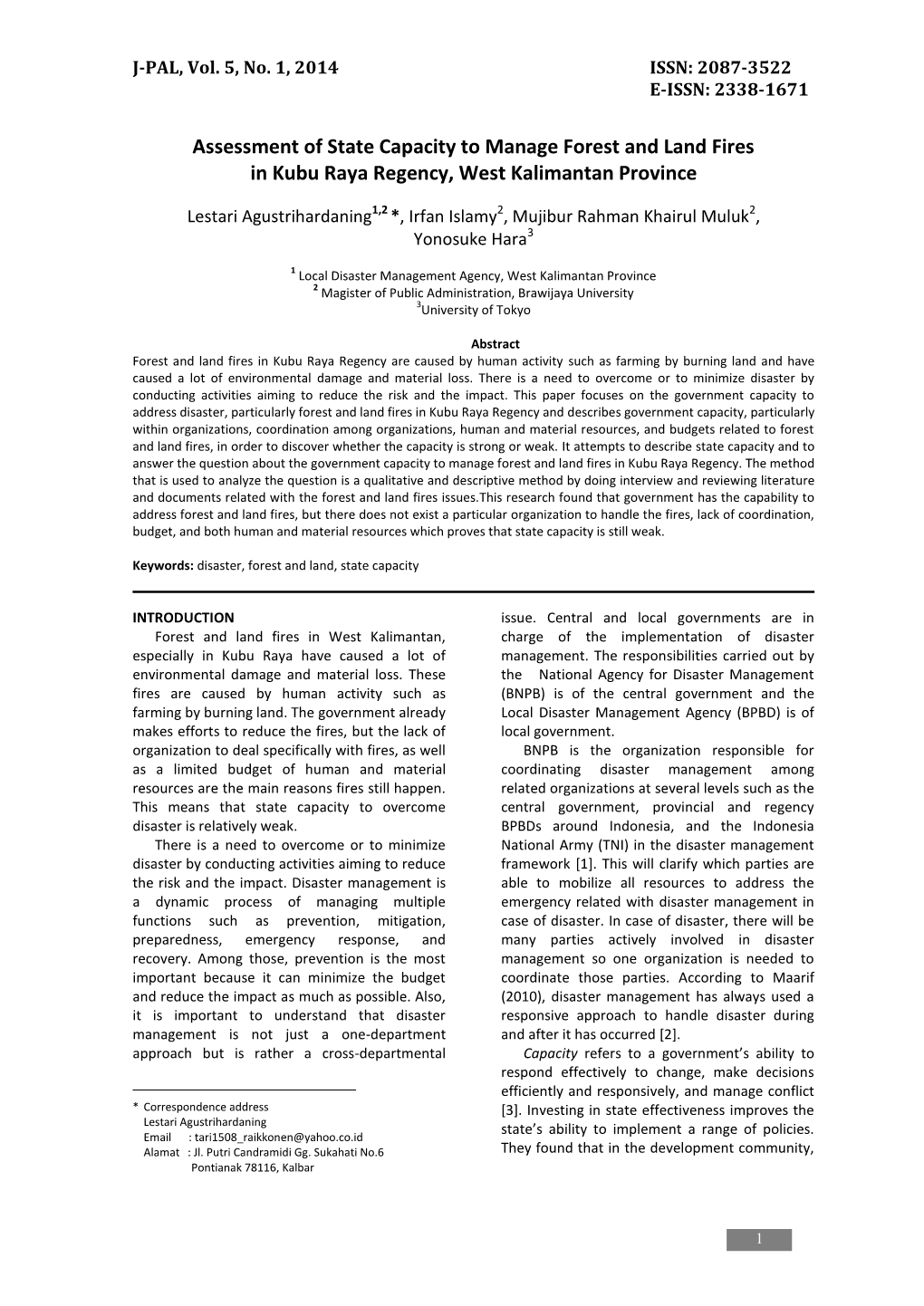 Assessment of State Capacity to Manage Forest and Land Fires in Kubu Raya Regency, West Kalimantan Province