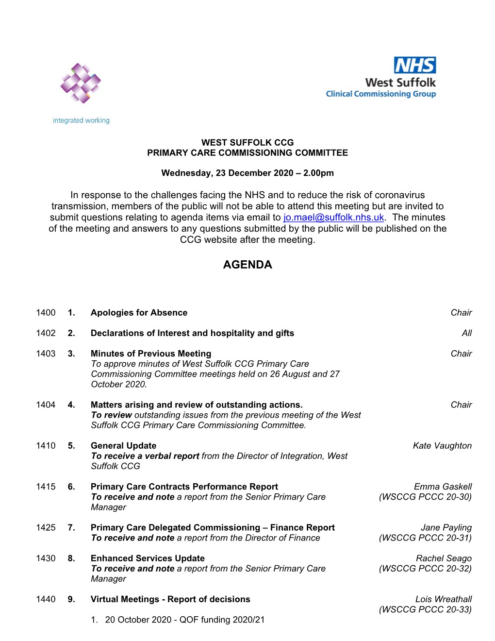 Agenda 23 December 2020 WSCCG PCCC