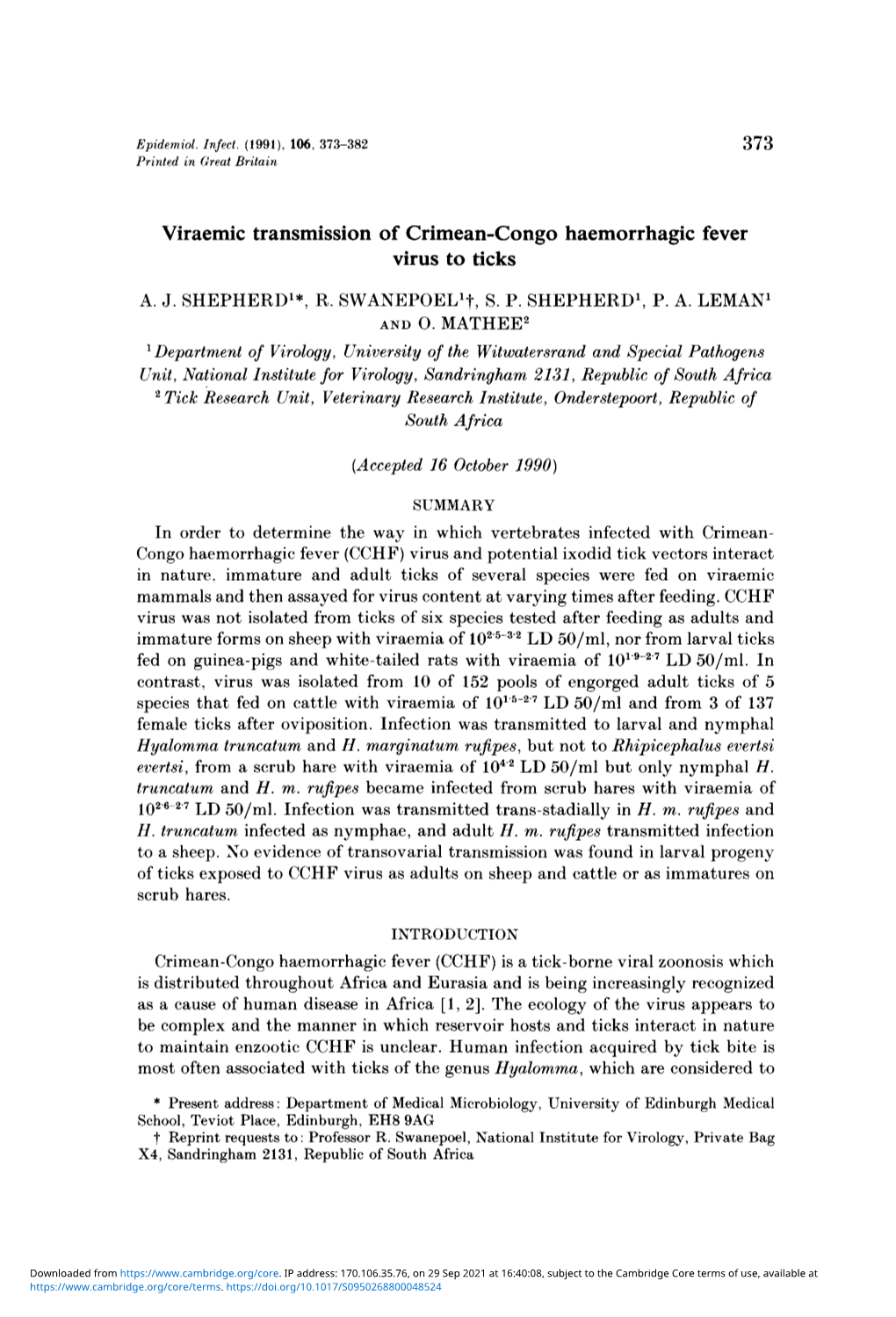 Viraemic Transmission of Crimean-Congo Haemorrhagic Fever Virus to Ticks