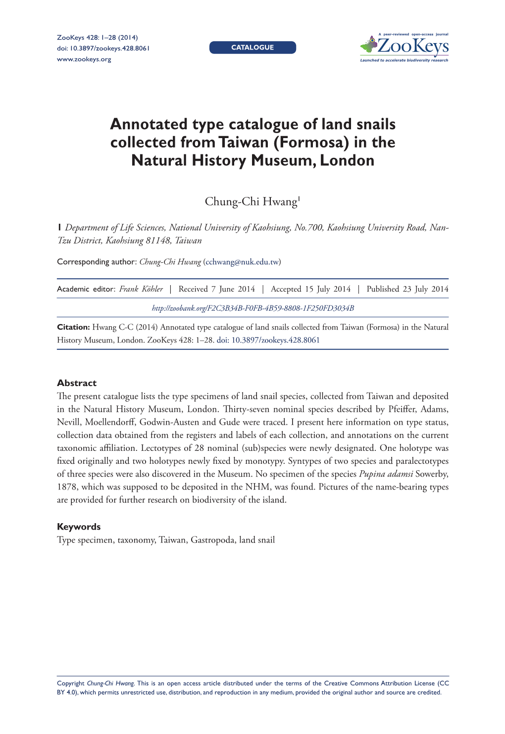 Annotated Type Catalogue of Land Snails Collected from Taiwan