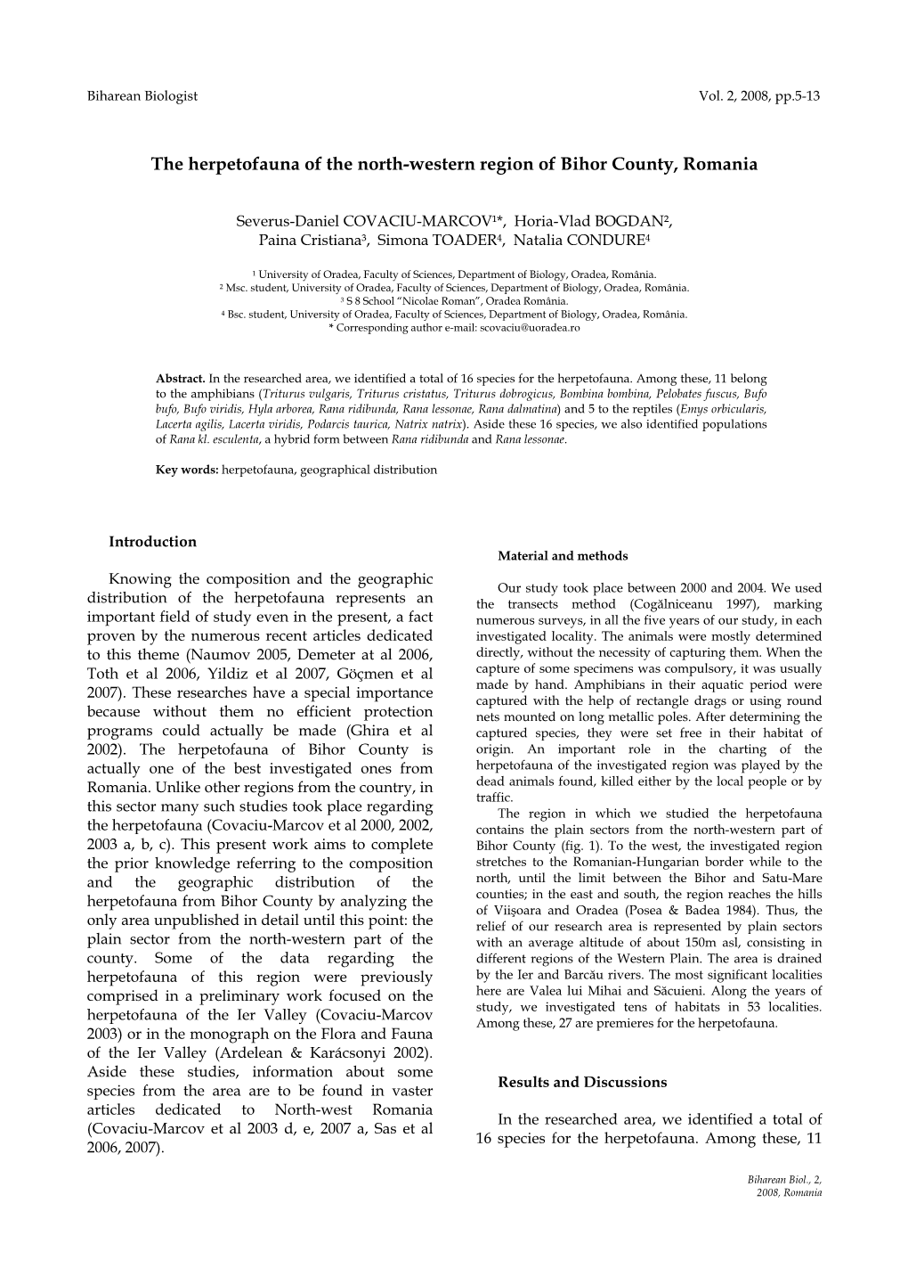 The Herpetofauna of the North-Western Region of Bihor County, Romania