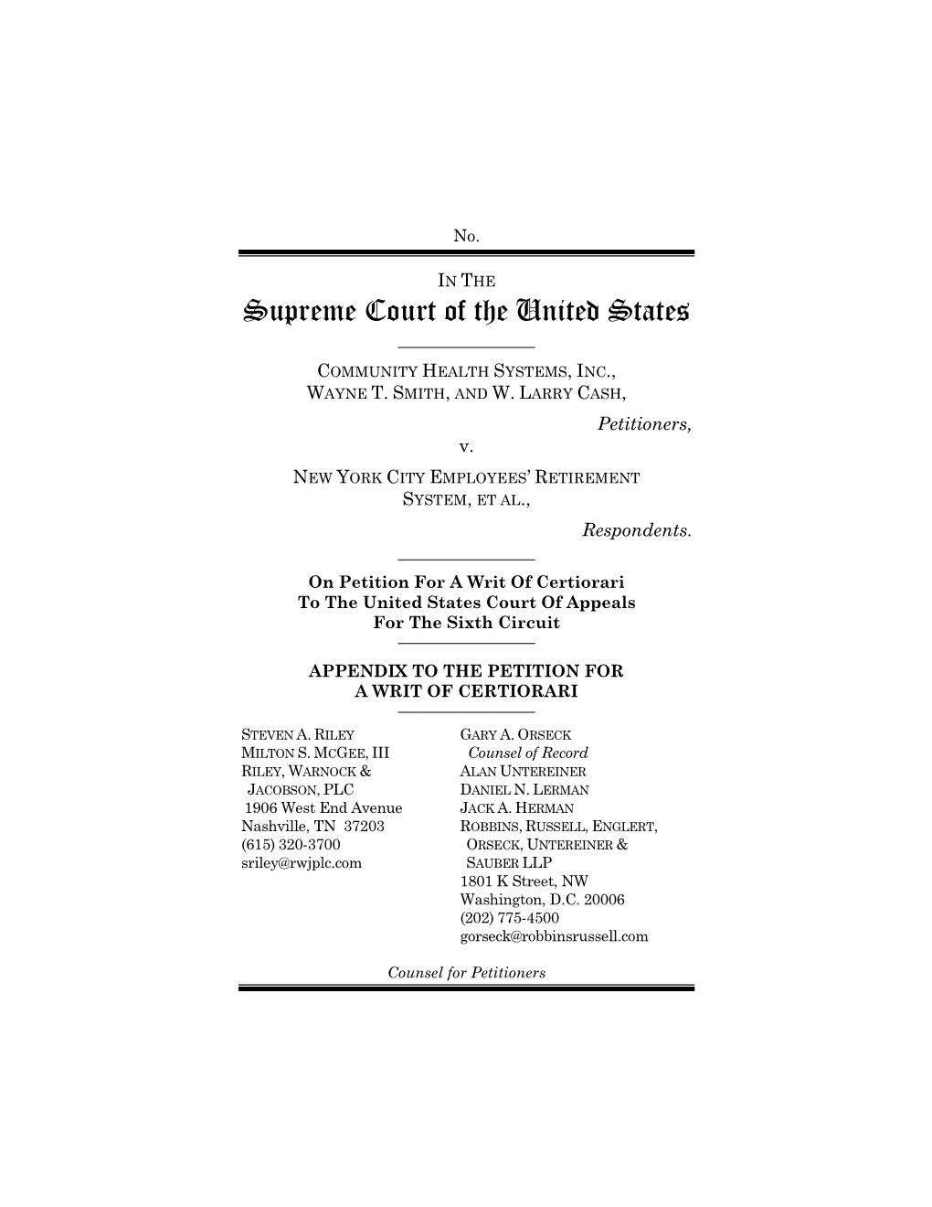 Appendix to the Petition for a Writ of Certiorari ______