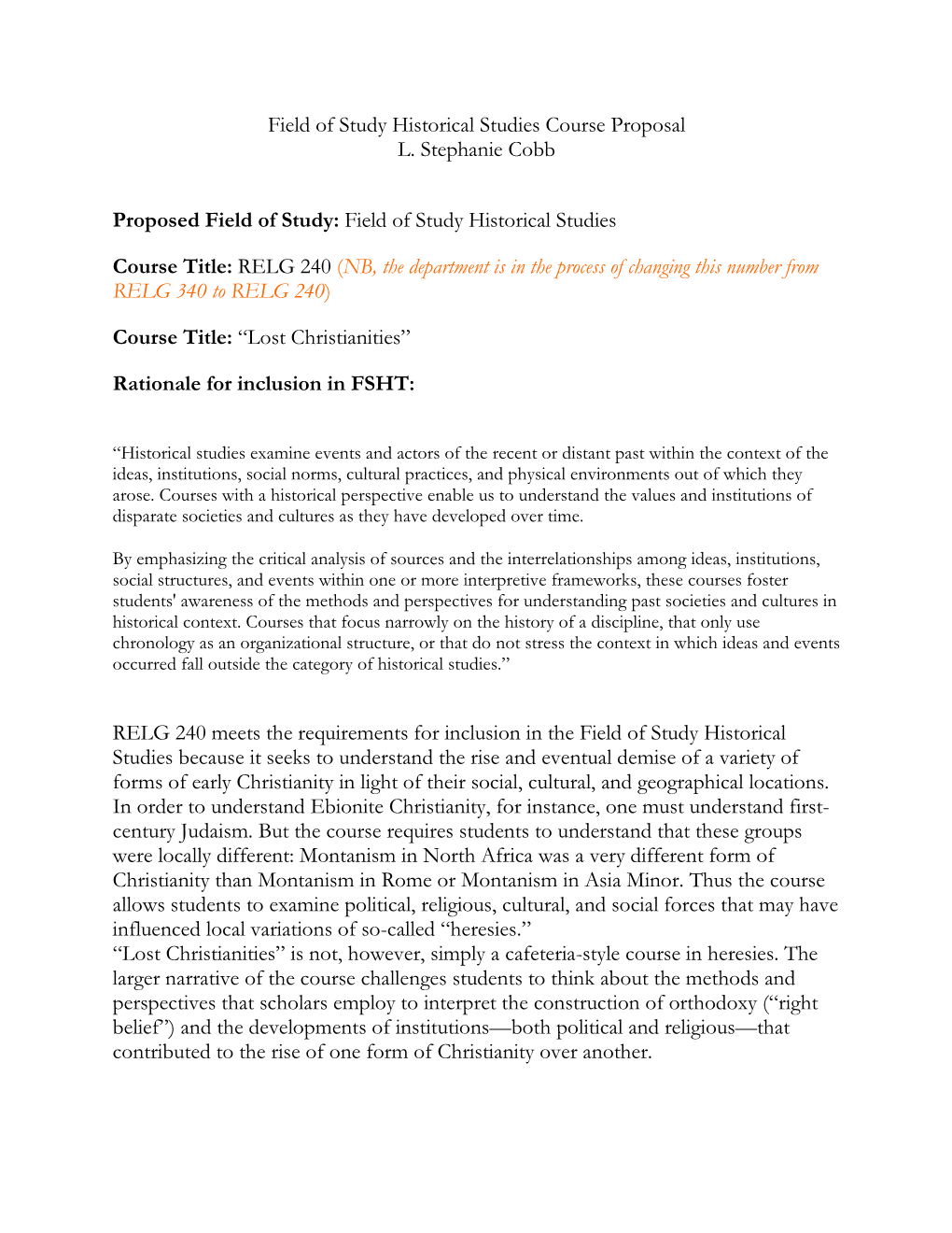 Field of Study Historical Studies Course Proposal L