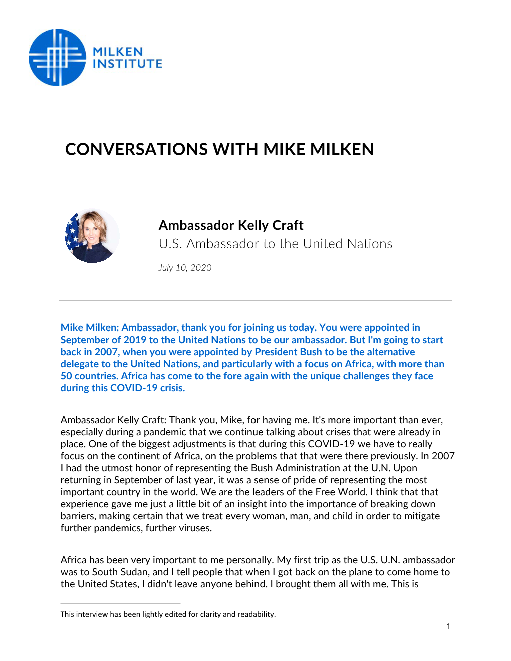 CONVERSATIONS with MIKE MILKEN Ambassador Kelly Craft