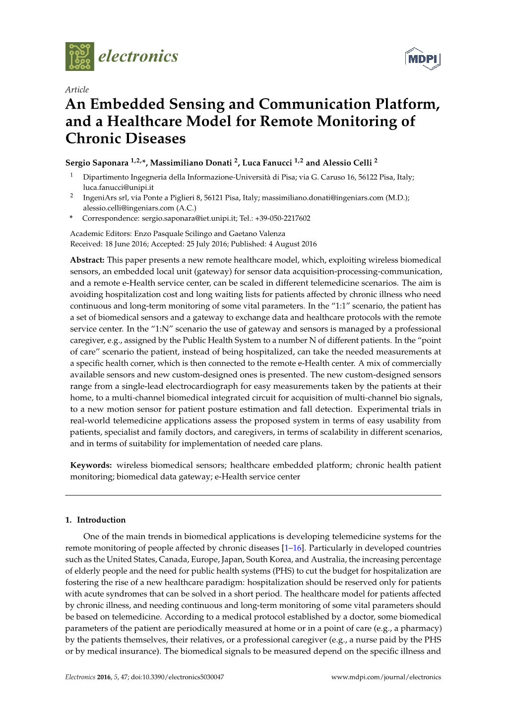 An Embedded Sensing and Communication Platform, and a Healthcare Model for Remote Monitoring of Chronic Diseases