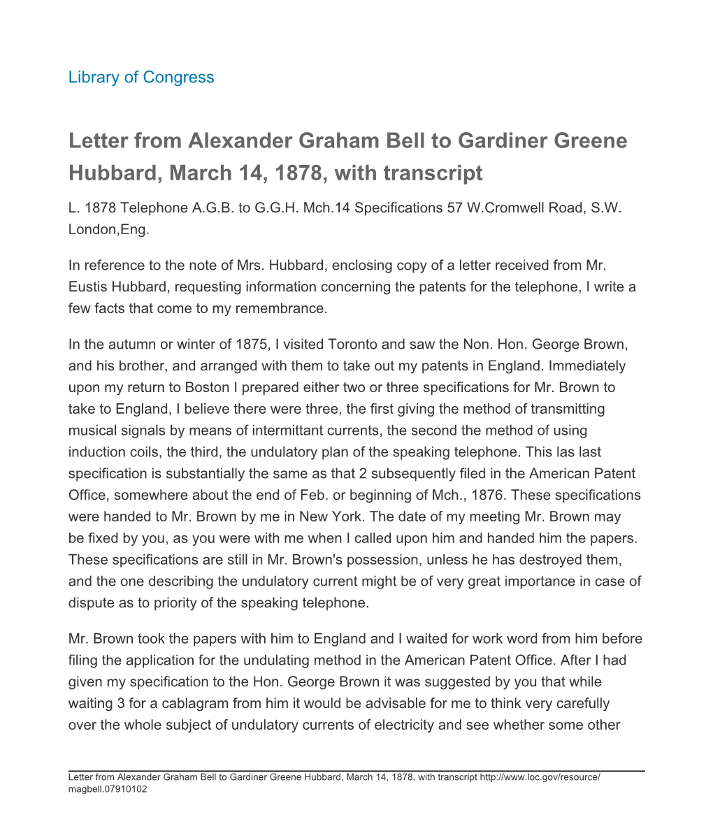 Letter from Alexander Graham Bell to Gardiner Greene Hubbard, March 14, 1878, with Transcript