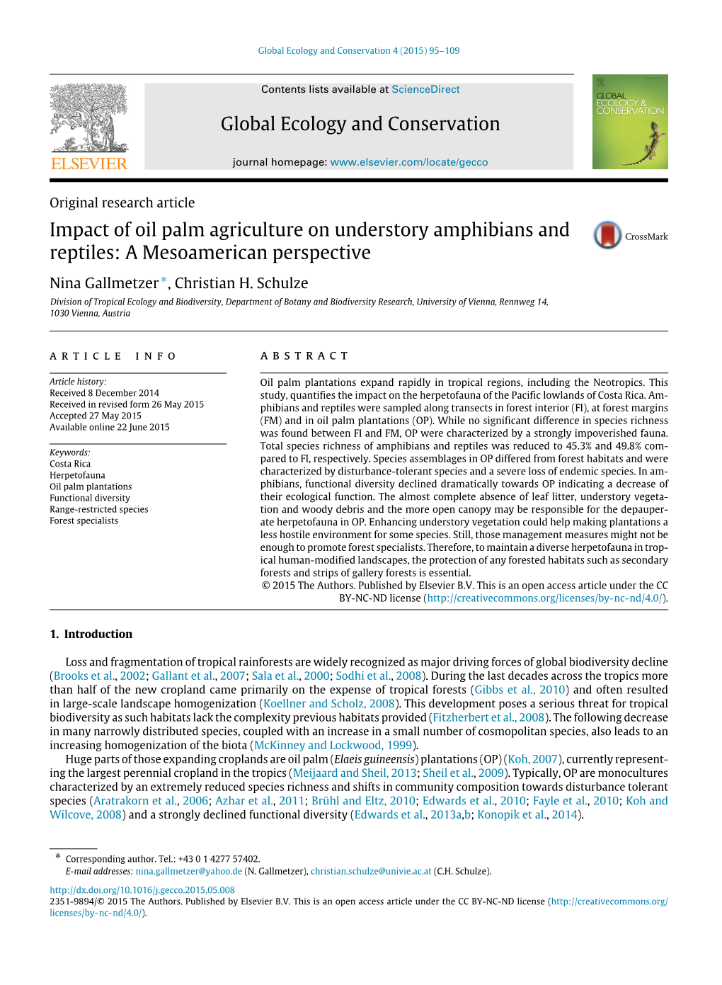 Impact of Oil Palm Agriculture on Understory Amphibians and Reptiles: a Mesoamerican Perspective Nina Gallmetzer ∗, Christian H