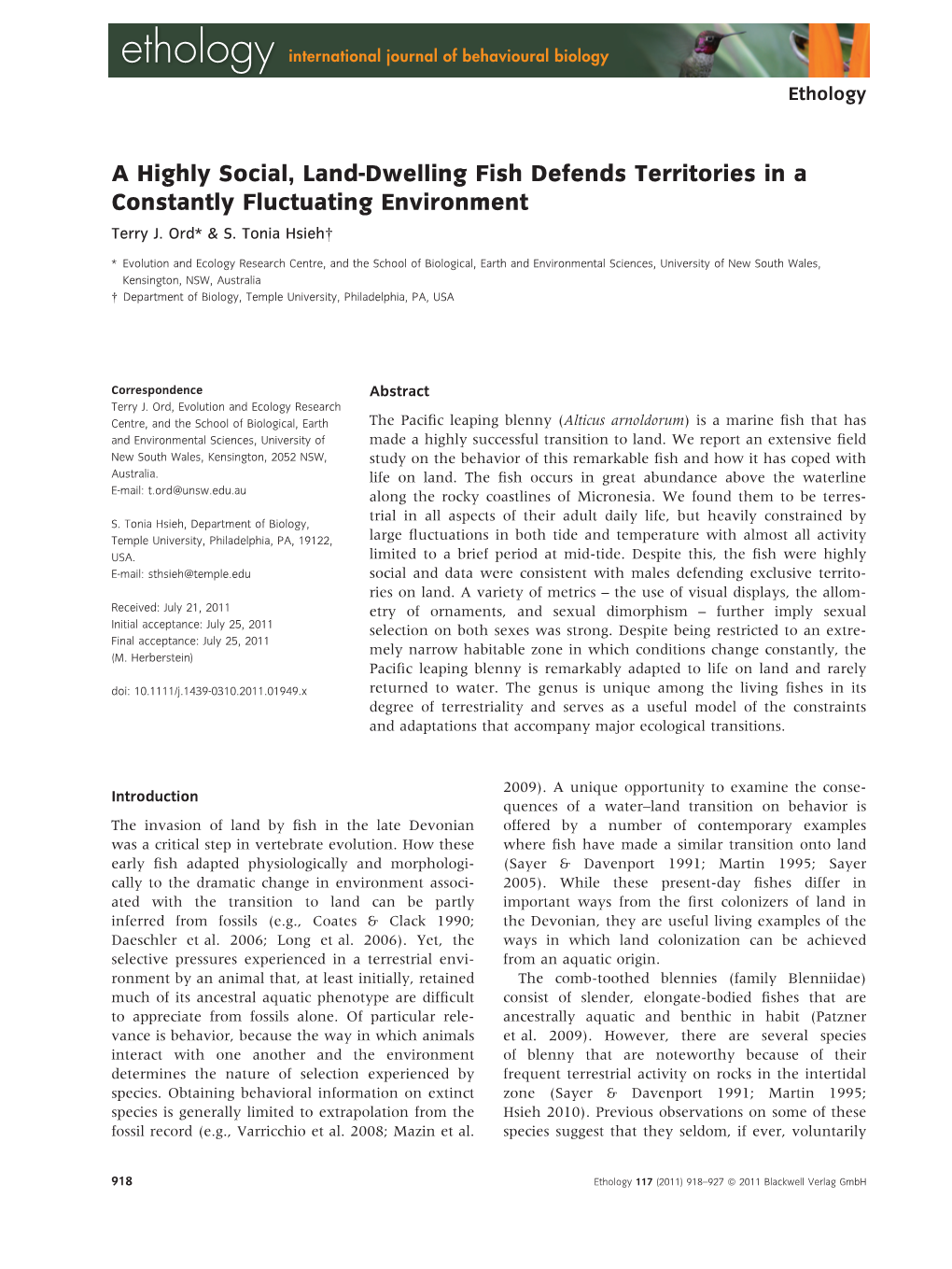 A Highly Social, Landdwelling Fish Defends Territories in a Constantly