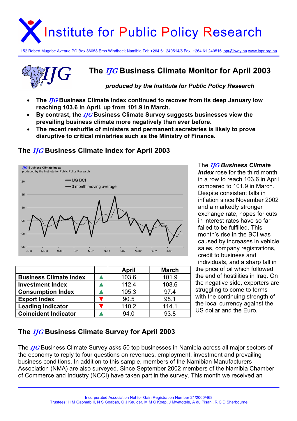 The IJG Business Climate Monitor for April 2003