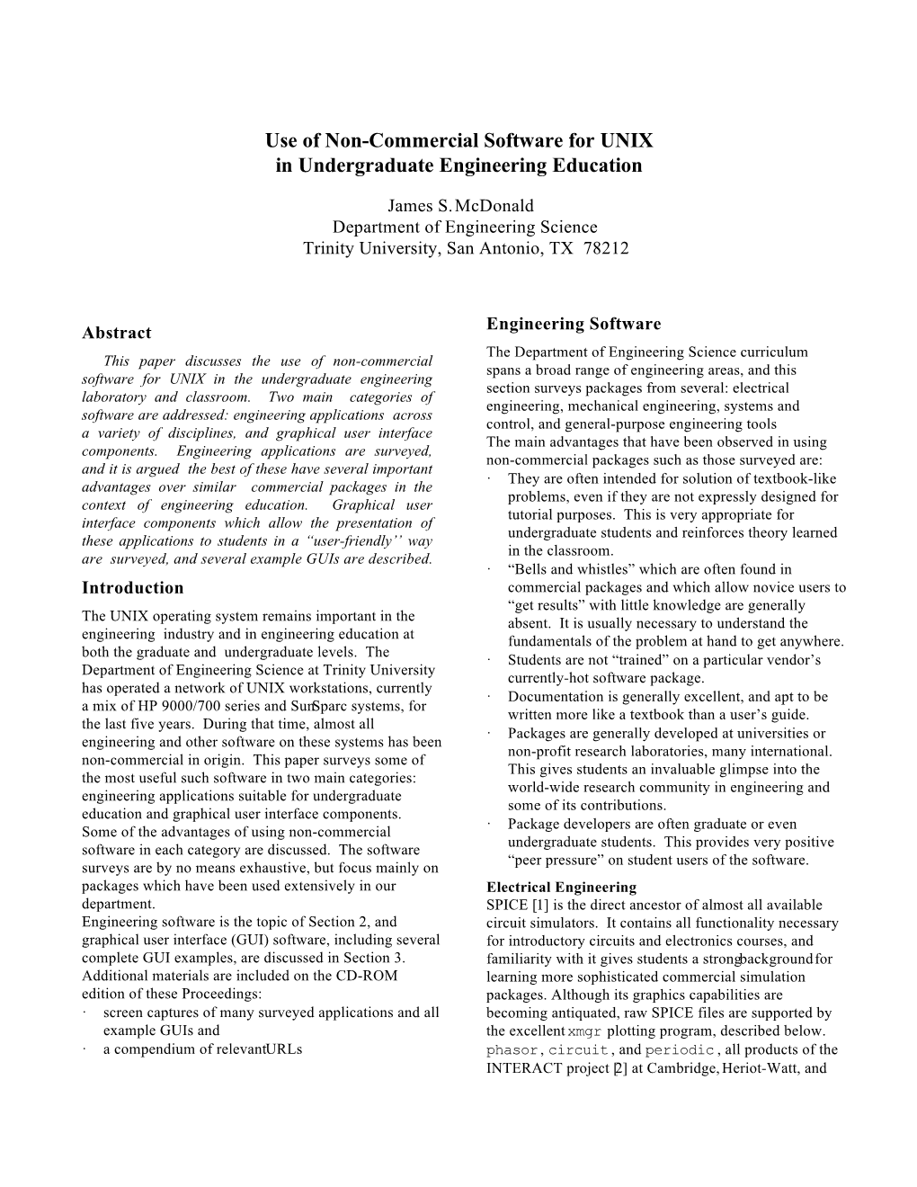 Use of Non-Commercial Software for UNIX in Undergraduate Engineering Education