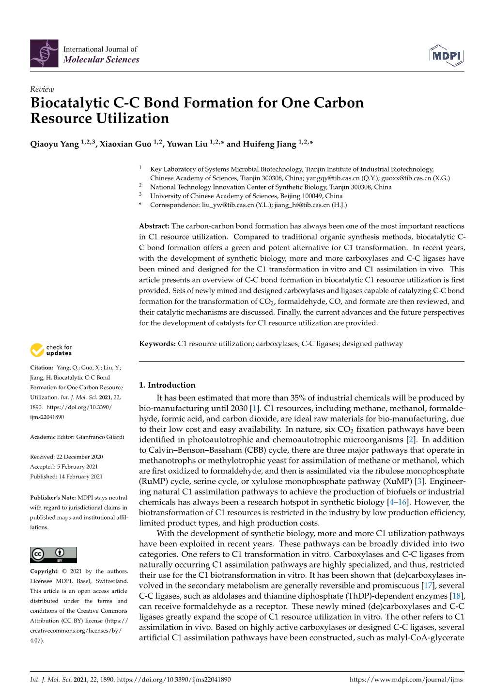 Biocatalytic C-C Bond Formation for One Carbon Resource Utilization