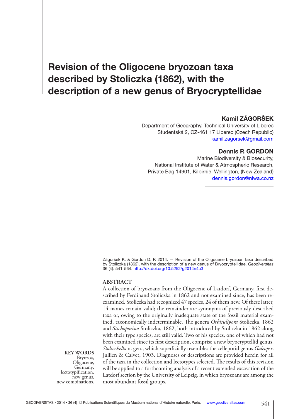 Revision of the Oligocene Bryozoan Taxa Described by Stoliczka (1862), with the Description of a New Genus of Bryocryptellidae