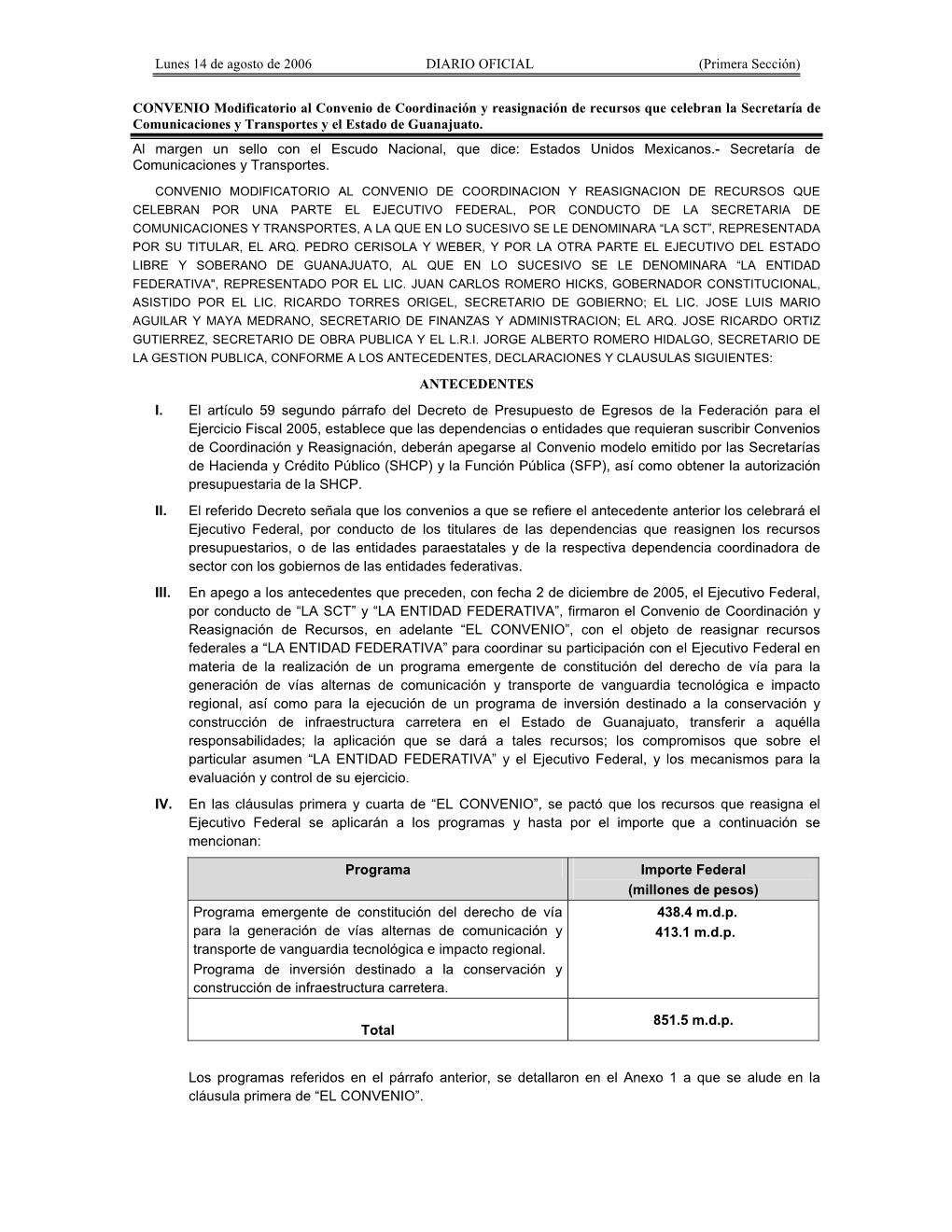 Lunes 14 De Agosto De 2006 DIARIO OFICIAL (Primera Sección)