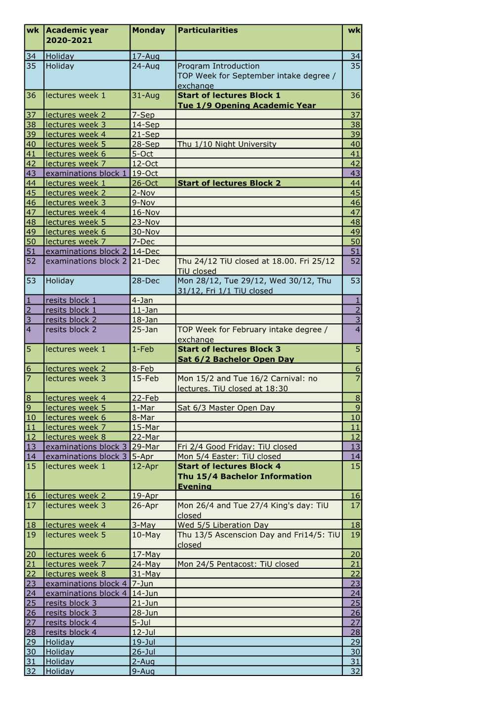 TSB Academic Year Calendar 2020-2021