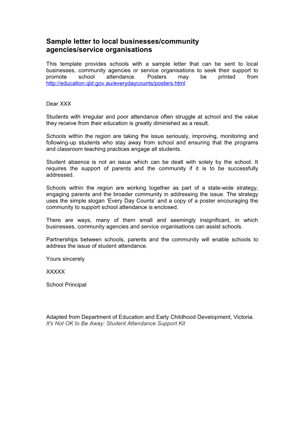 Sample Letter to Local Businesses/Community Agencies/Service Organisations