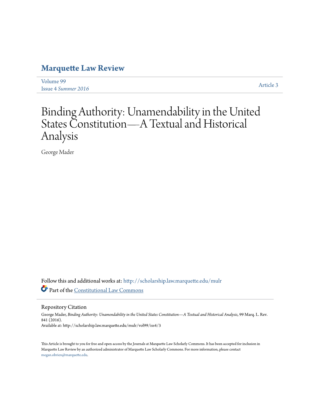 Binding Authority: Unamendability in the United States Constitution—A Textual and Historical Analysis George Mader