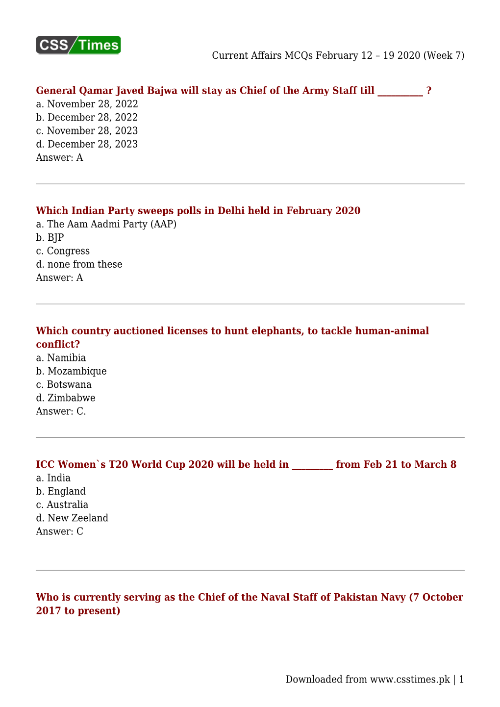 Current Affairs Mcqs February 12 –