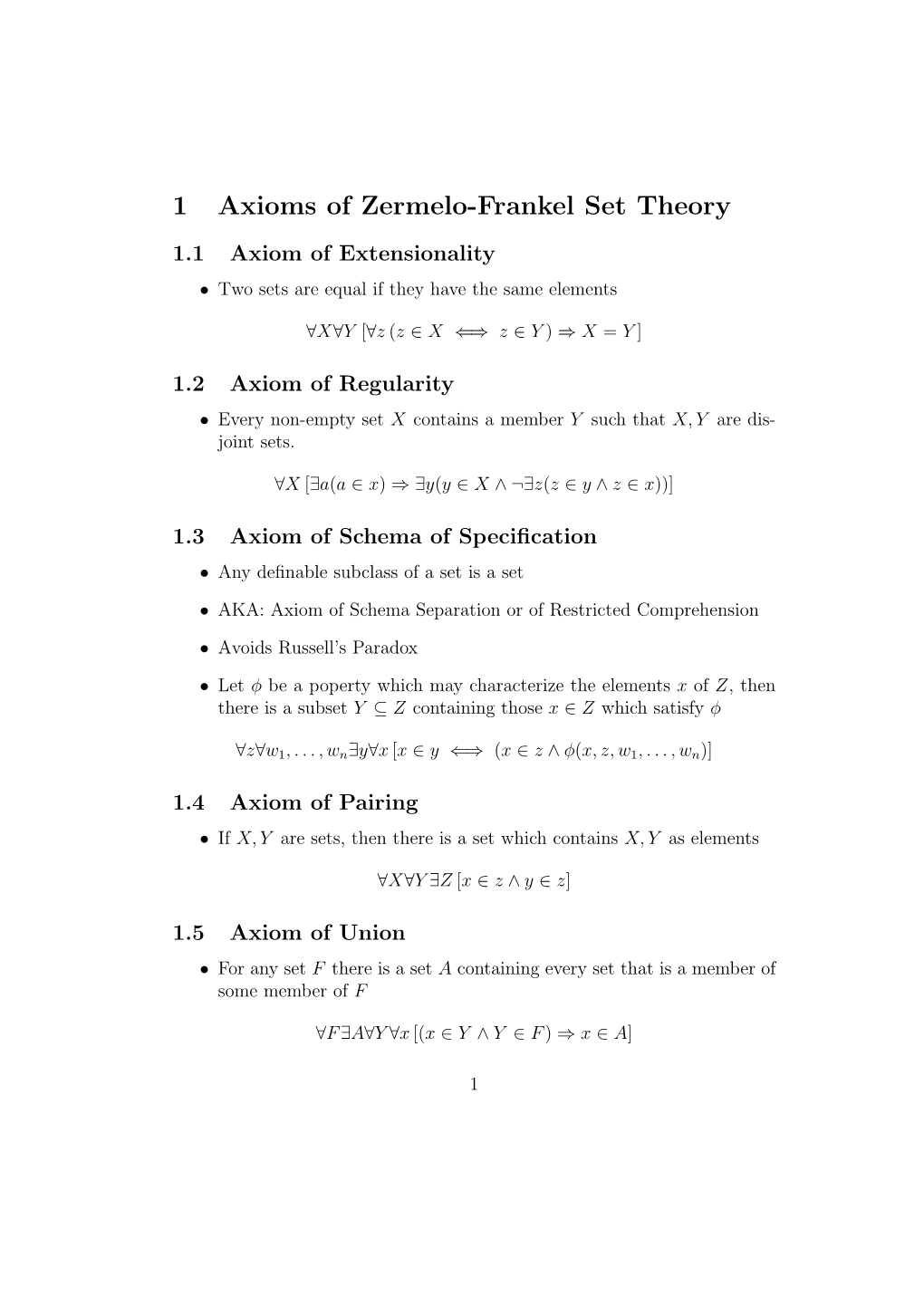 1 Axioms of Zermelo-Frankel Set Theory