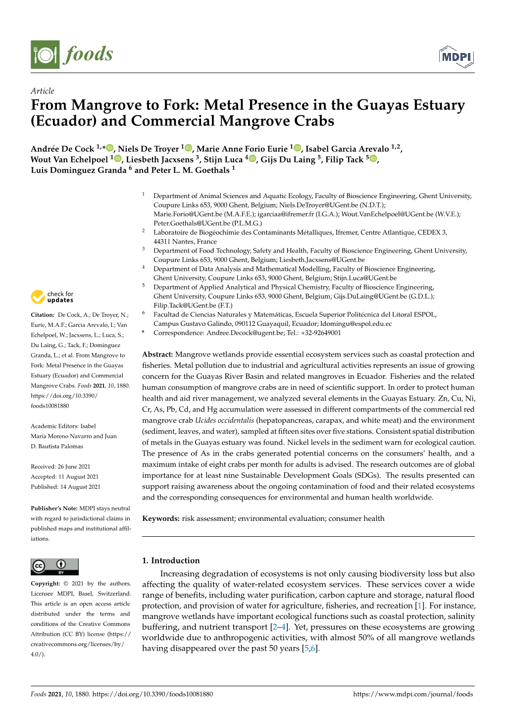 Metal Presence in the Guayas Estuary (Ecuador) and Commercial Mangrove Crabs