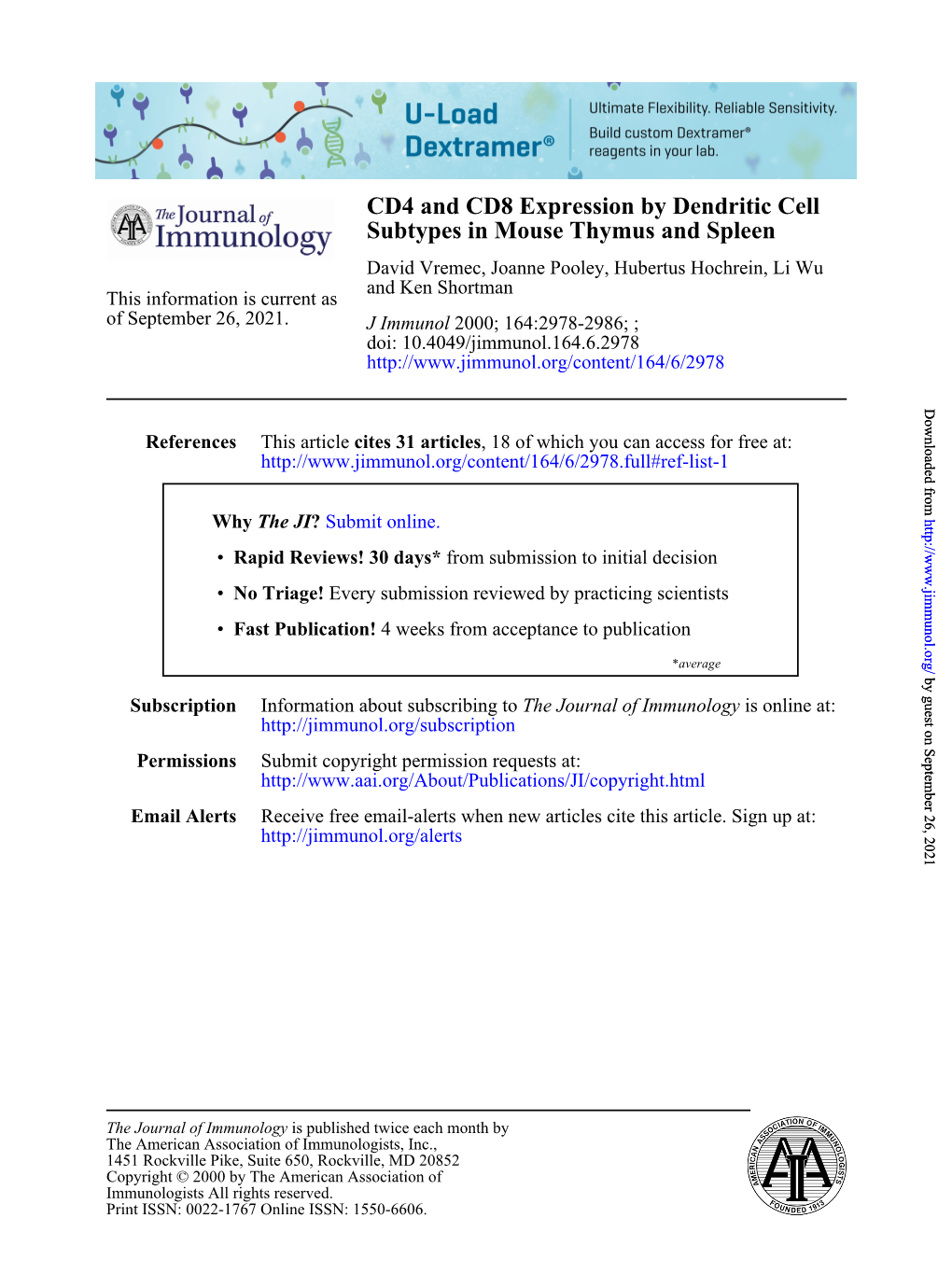 Subtypes in Mouse Thymus and Spleen CD4 and CD8 Expression by Dendritic Cell