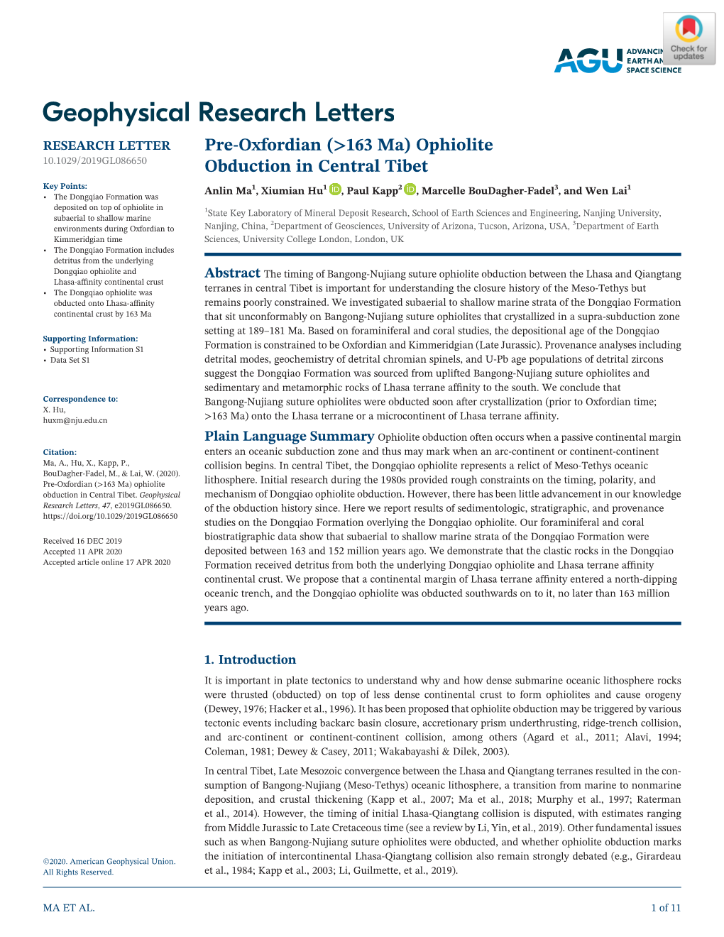 Pre‐Oxfordian (>163 Ma) Ophiolite Obduction in Central Tibet