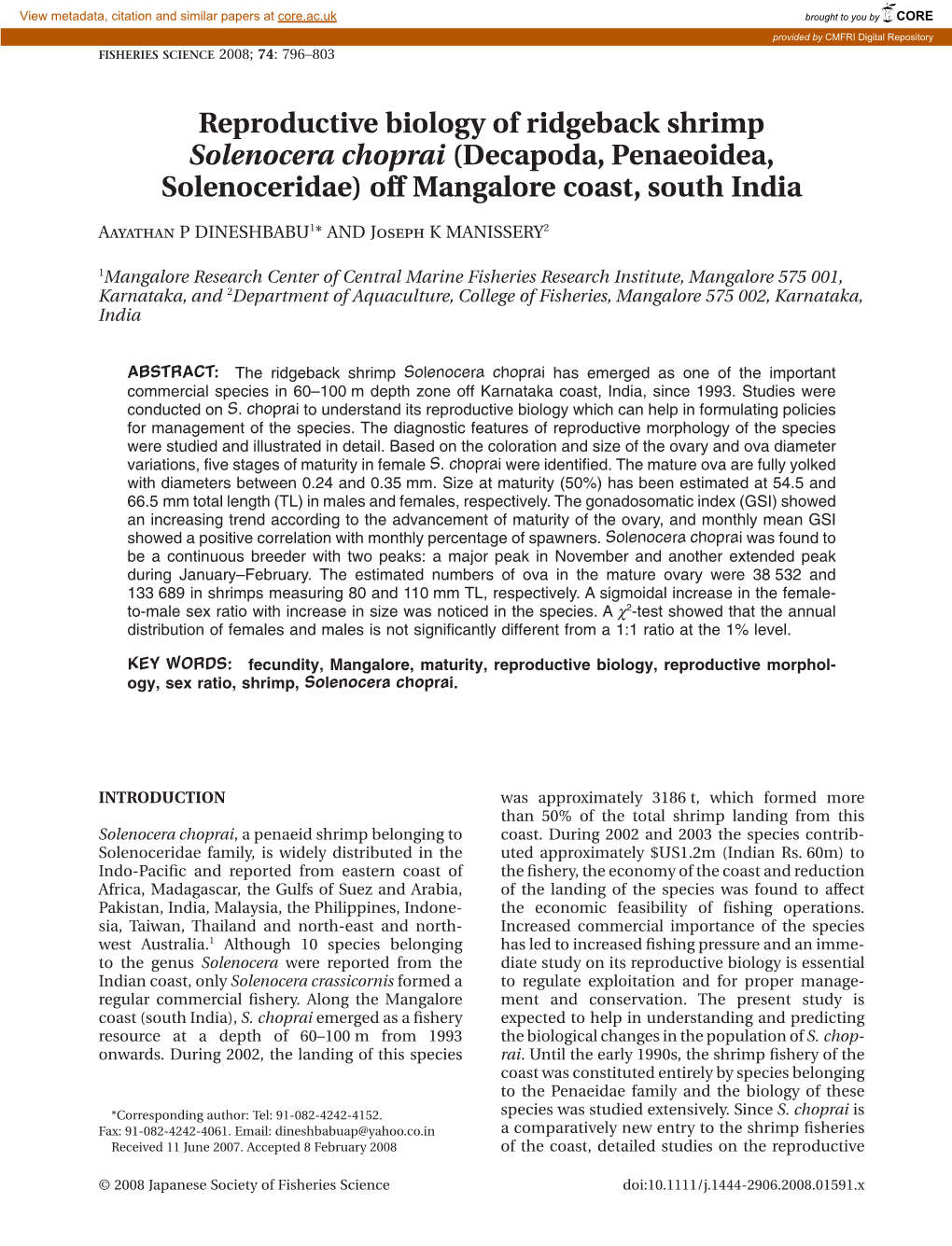 Reproductive Biology of Ridgeback Shrimp Solenocera Choprai (Decapoda, Penaeoidea, Solenoceridae) Off Mangalore Coast, South India