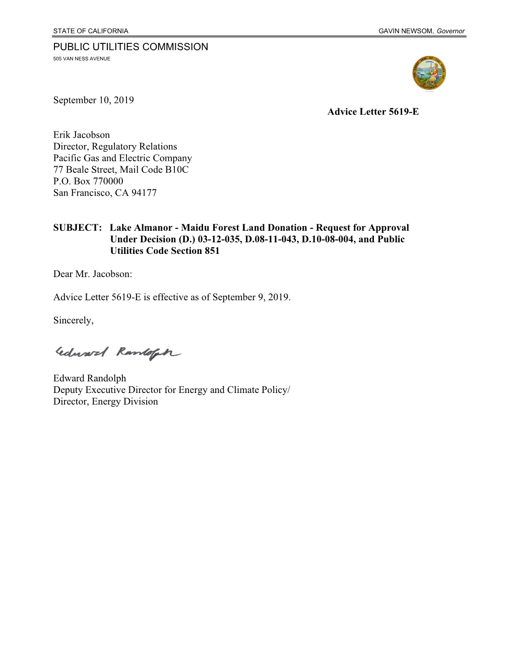 PUBLIC UTILITIES COMMISSION September 10, 2019 Advice Letter