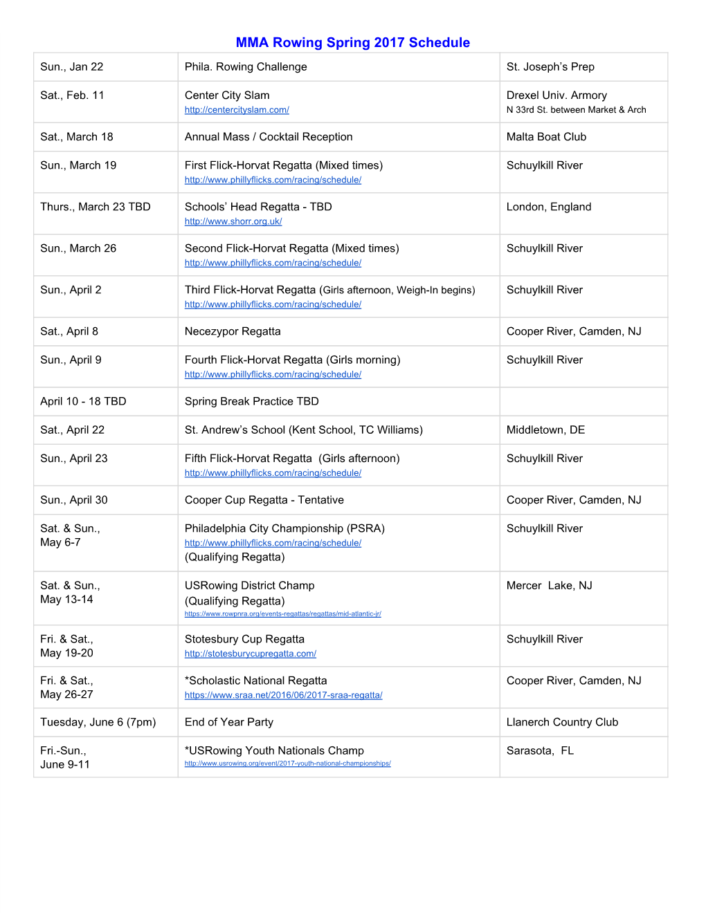 MMA Rowing Spring 2017 Schedule