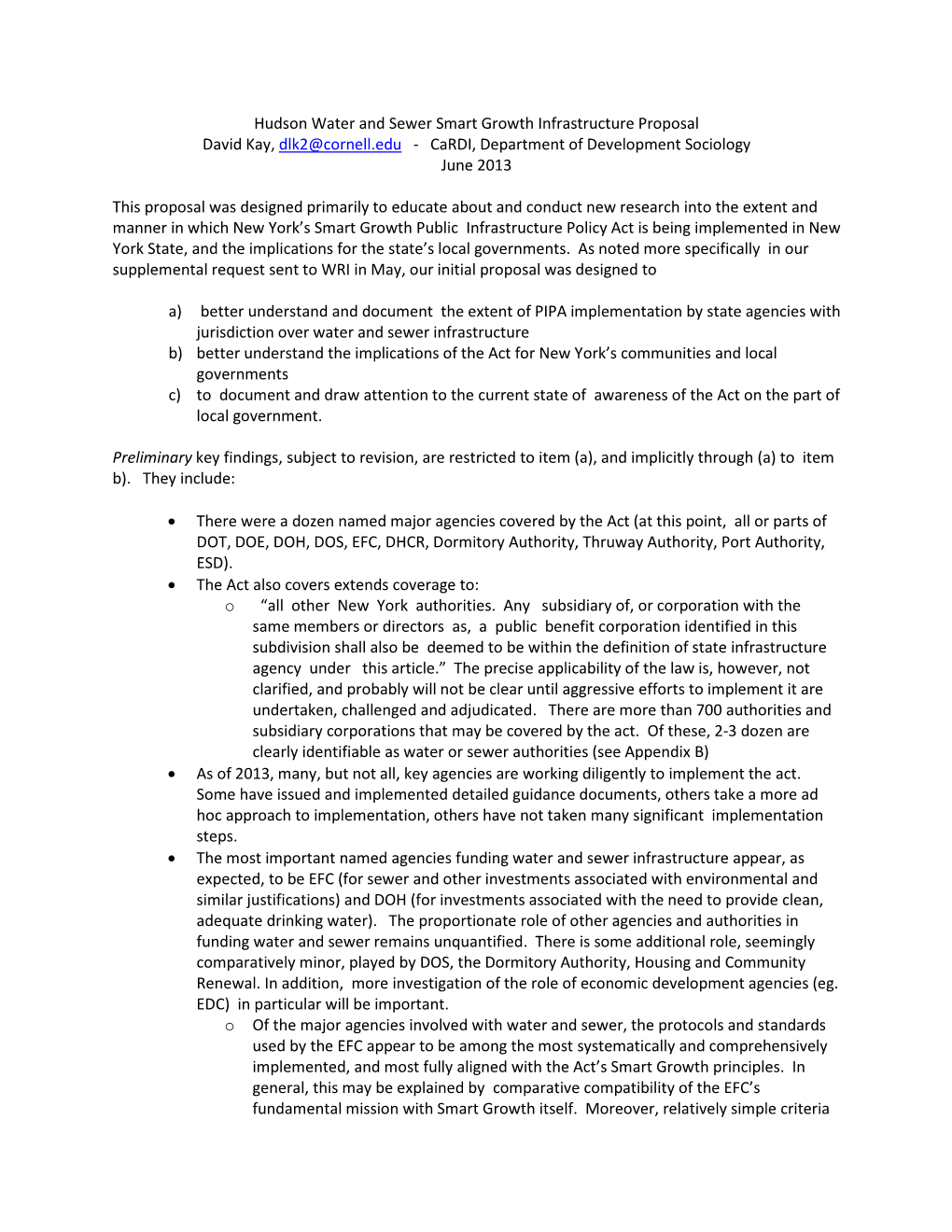 Hudson Water and Sewer Smart Growth Infrastructure Proposal David Kay, Dlk2@Cornell.Edu - Cardi, Department of Development Sociology June 2013