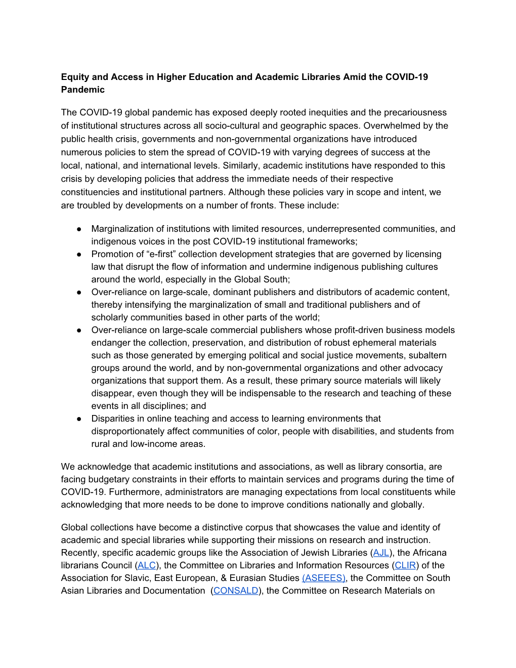 Equity and Access in Higher Education and Academic Libraries Amid the COVID-19 Pandemic the COVID-19 Global Pandemic Has Exposed