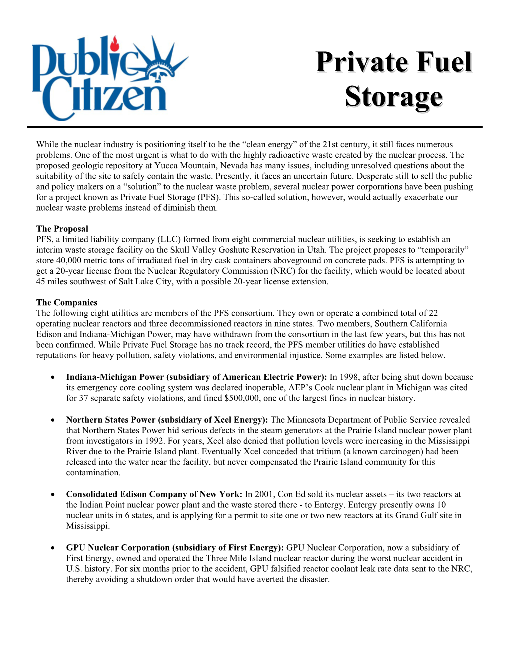 Private Fuel Storage (PFS)