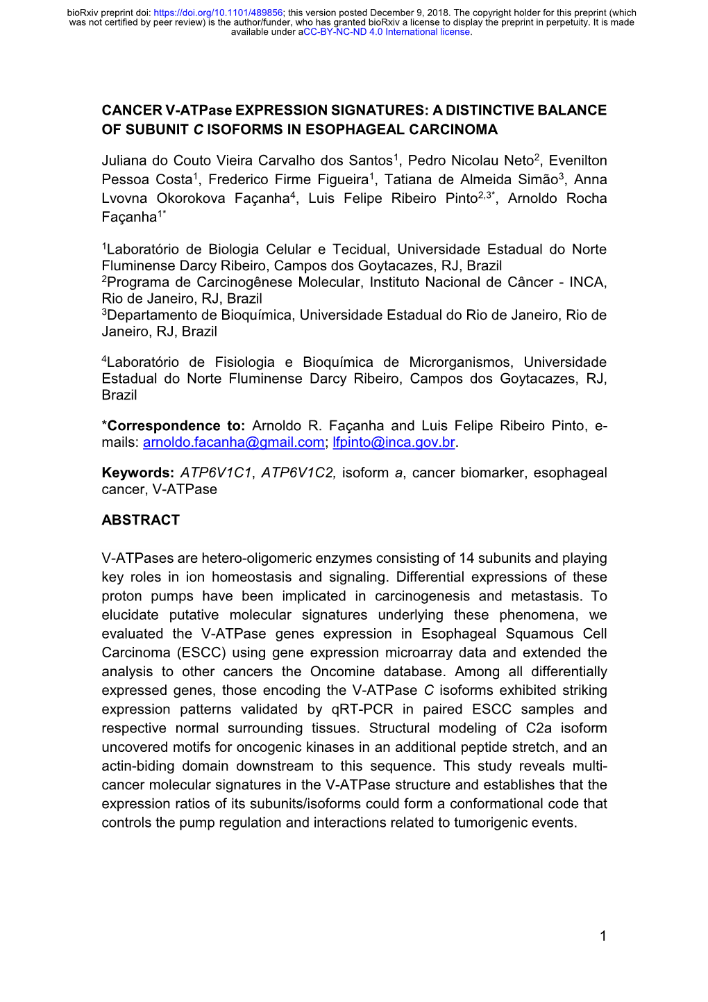 CANCER V-Atpase EXPRESSION SIGNATURES: a DISTINCTIVE BALANCE of SUBUNIT C ISOFORMS in ESOPHAGEAL CARCINOMA