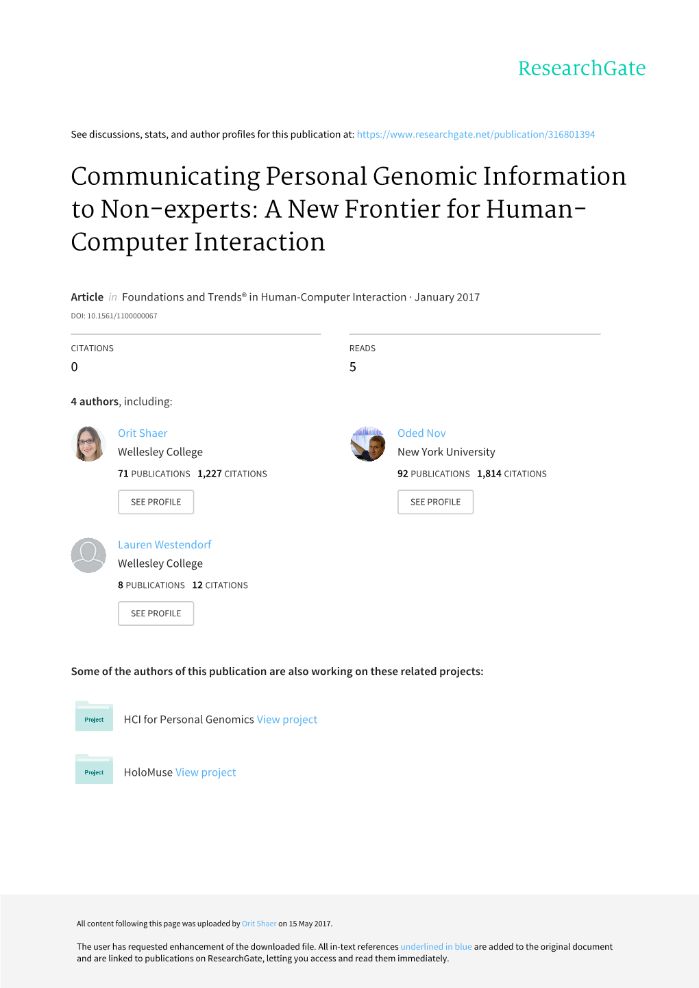 Communicating Personal Genomic Information to Non-Experts: a New Frontier for Human- Computer Interaction