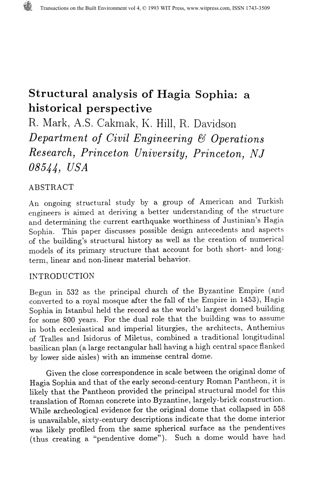 Structural Analysis of Hagia Sophia: a Historical Perspective