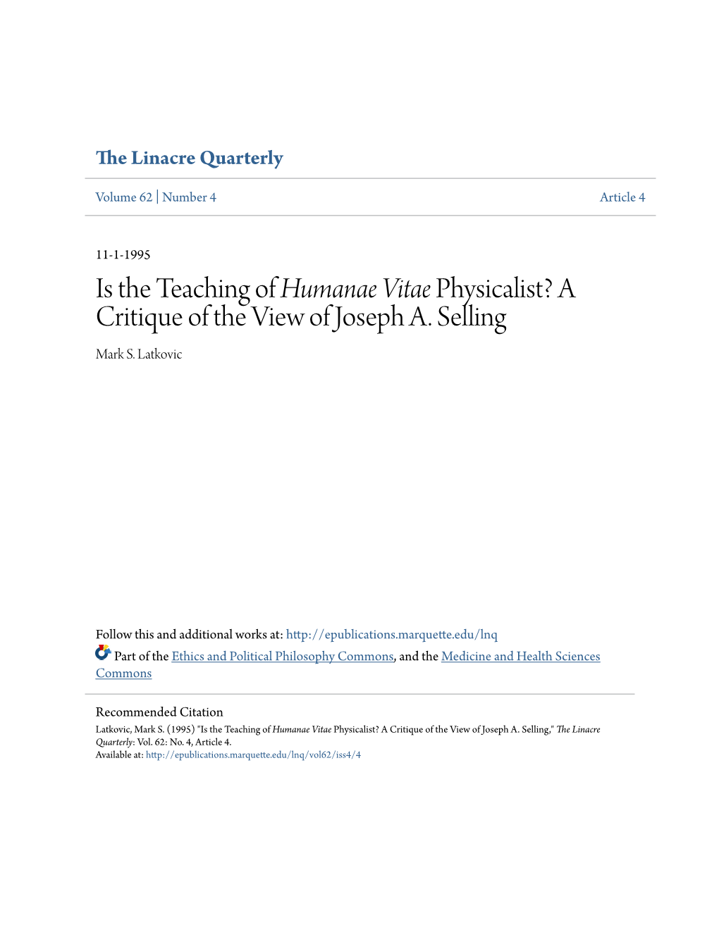 Is the Teaching of Humanae Vitae Physicalist? a Critique of the View of Joseph A. Selling Mark S