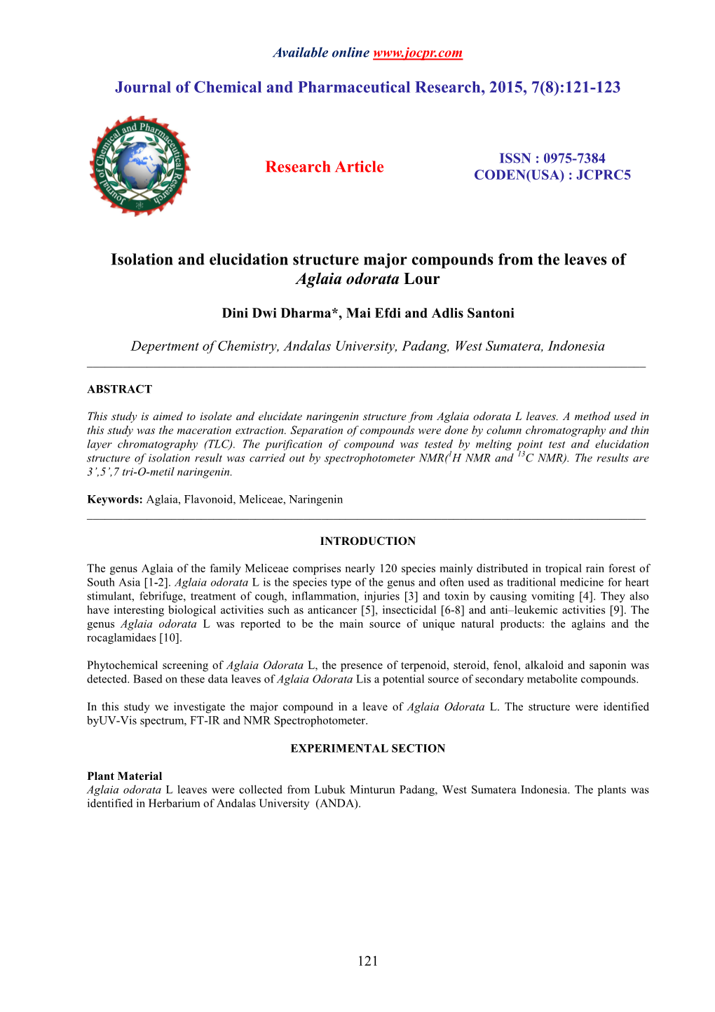 Isolation and Elucidation Structure Major Compounds from the Leaves of Aglaia Odorata Lour