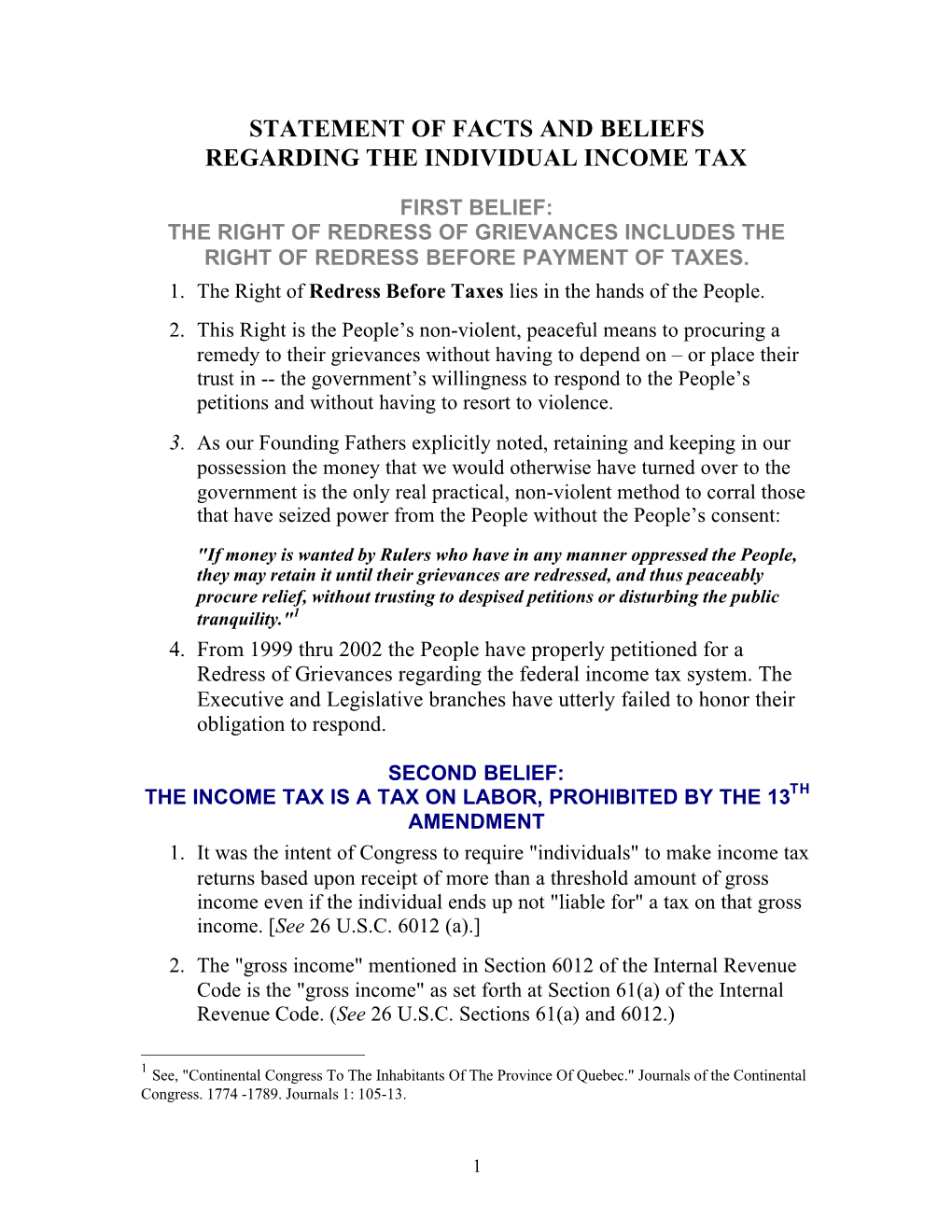 Statement of Facts and Beliefs Regarding the Individual Income Tax