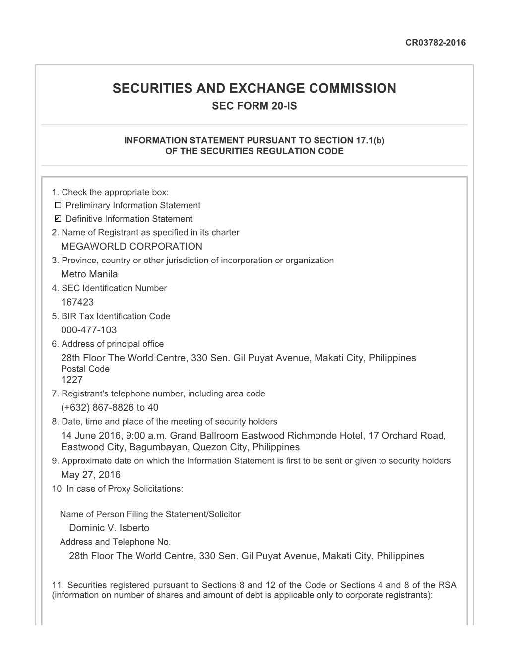 Securities and Exchange Commission Sec Form 20-Is