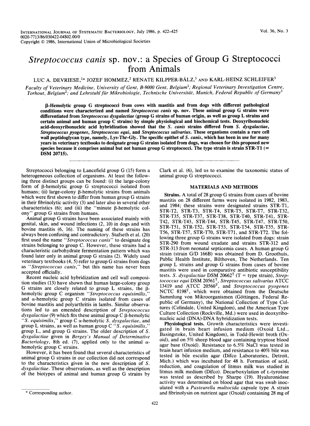 Streptococcus Canis Sp. Nov.: a Species of Group G Streptococci from Animals